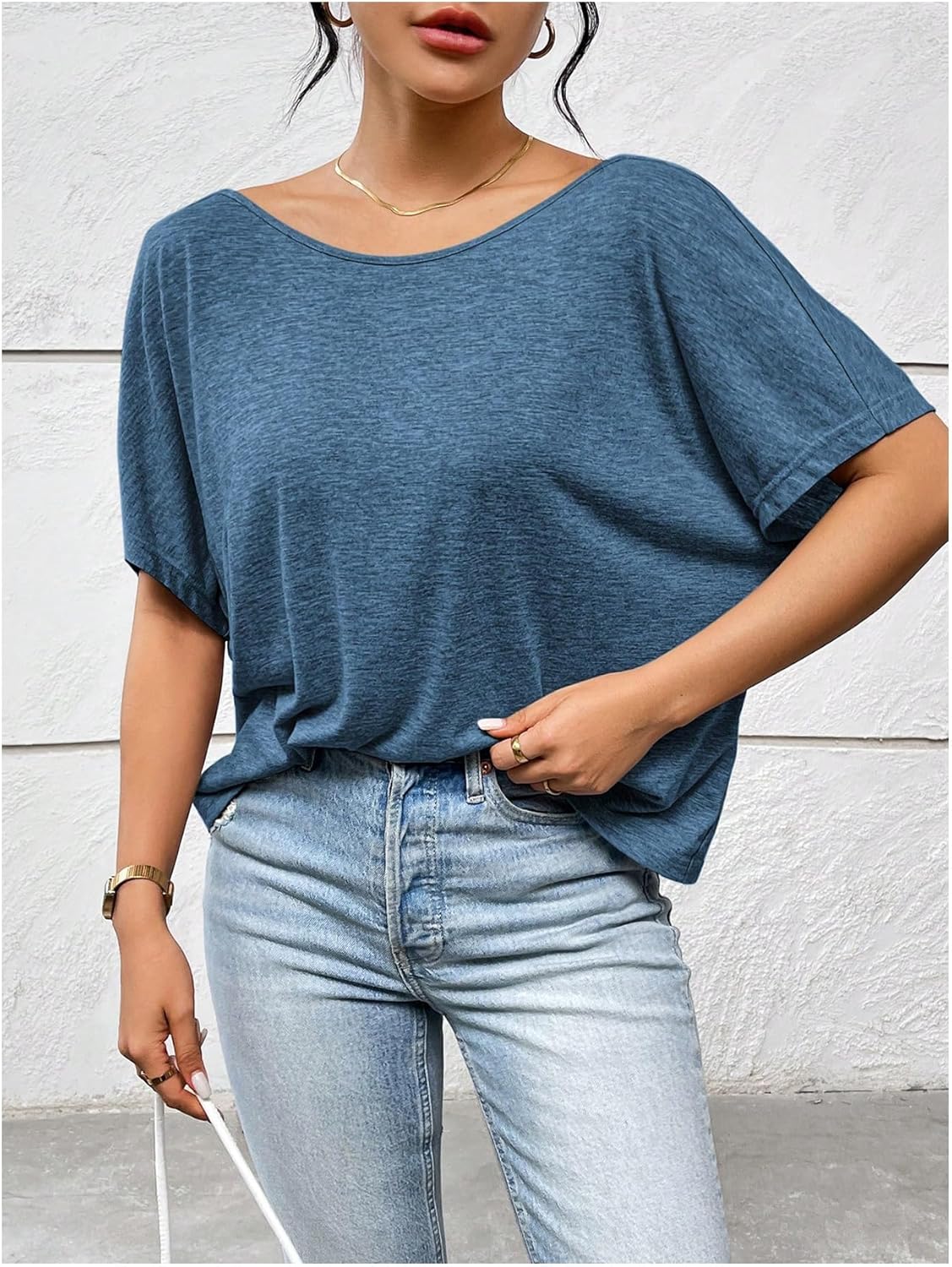 Women's Backless Twist Knot T Shirt Oversized Solid Short Sleeve Tees Open Back Asymmetrical Hem Casual Tops Solid Blue Large - Image 2