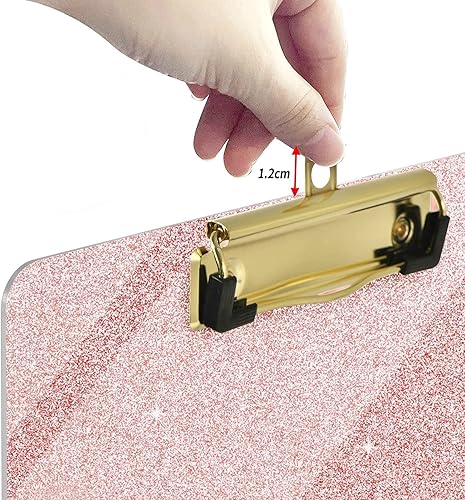 Miniatura 6 de WAVEYU Portapapeles acrílico, portapapeles rosa con purpurina para mujeres y niñas, portapapeles tamaño carta Stardard con clip dorado de perfil