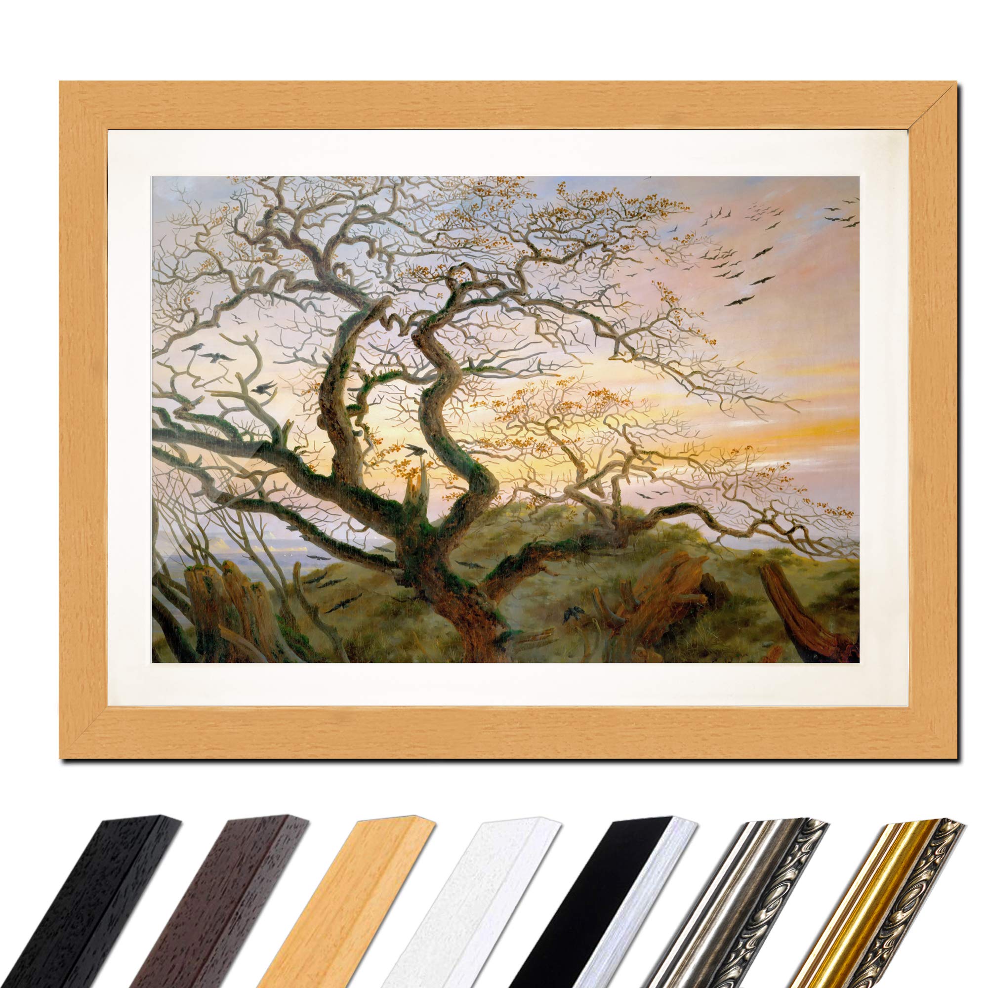 Bilderdepot24 Bild mit Rahmen - Caspar David Friedrich Der Baum der Krähen 60x40 cm ca. A2 - Gerahmter Kunstdruck inkl. Galerie Passepartout Alte Meister - Rahmen buche