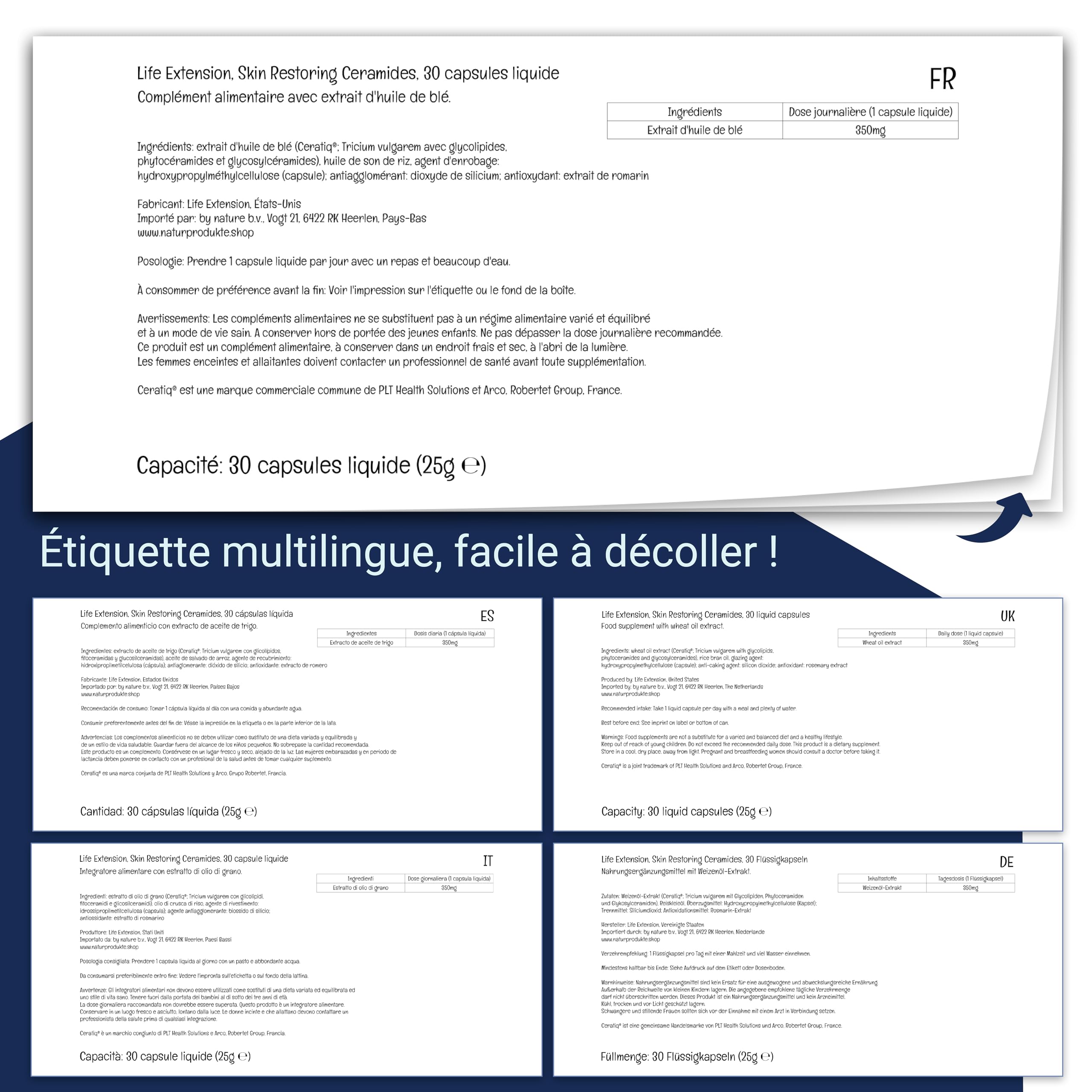 Life Extension, Skin Restoring Phytoceramides, Extrait d'Huile de Blé, 30 Capsules Liquides Végétaliennes, Sans Gluten, Végétarien, Sans Soja, Sans OGM
