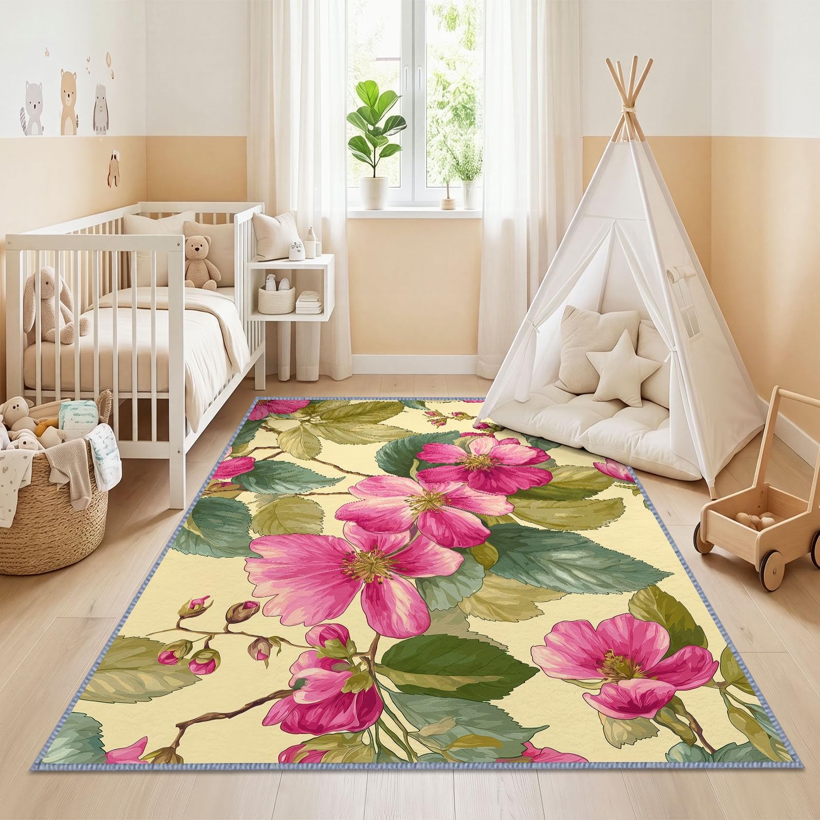 Générique Pastoral Botanique Tapis de Salon Lavable 120 x 170 cm, Imprimé Doux Motifs Floraux Feuilles Vertes Tapis Chambre Poils Courts Décoratif Antidérapant pour Bureau à Domicile