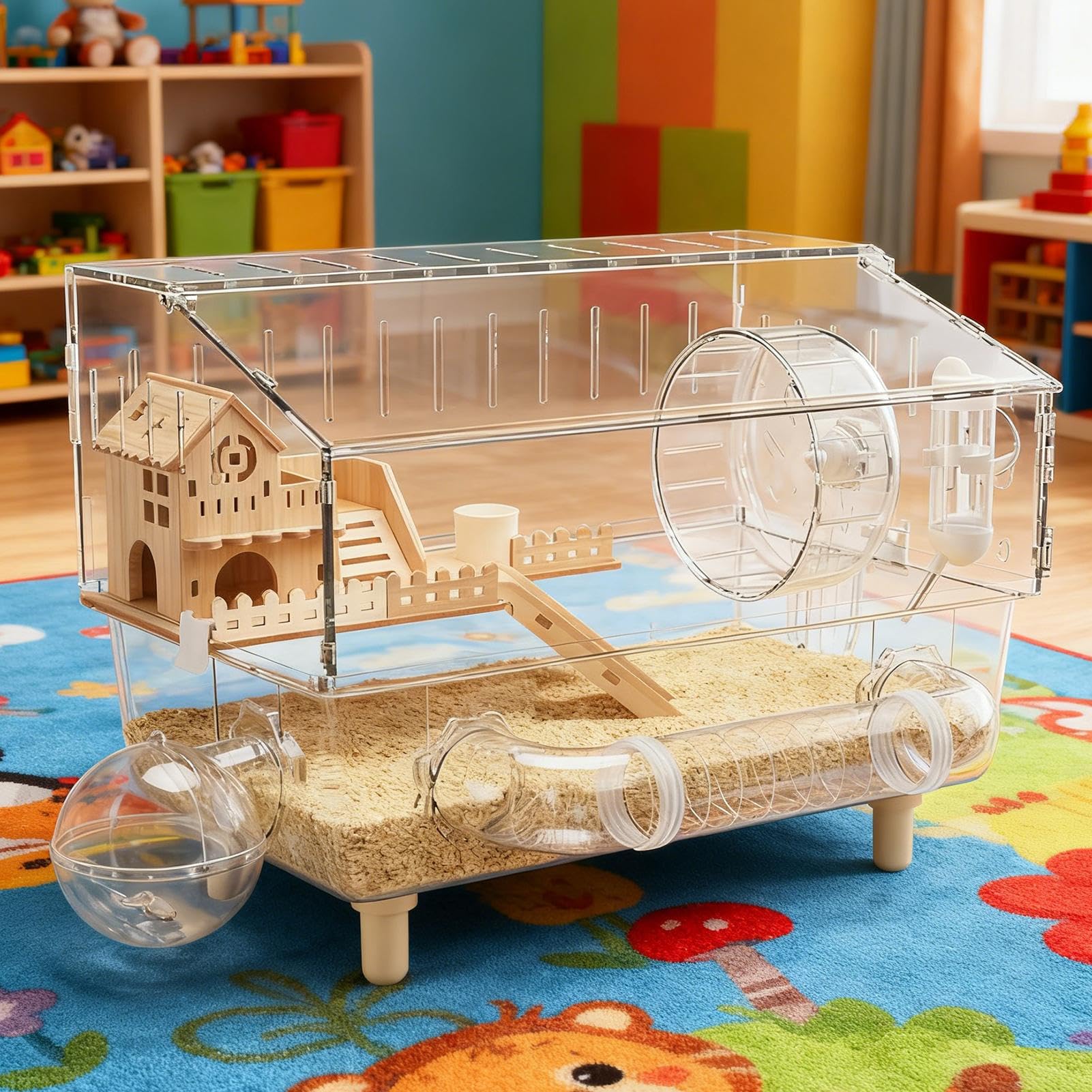Jaula de hámster de acrílico transparente de 2 capas, hábitat para hámster, hábitat grande de 45 x 28 x 34 cm, para erizo, jerbo, hurón, casa transparente de doble capa con 11 accesorios