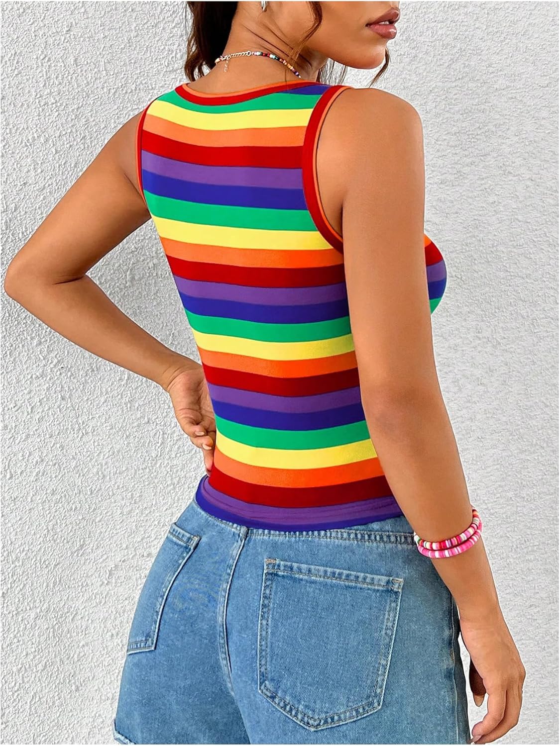 Women's Rainbow Striped Print Crop Tank Tops Sleeveless Scoop Neck Slim Fit Summer Tops - Image 2