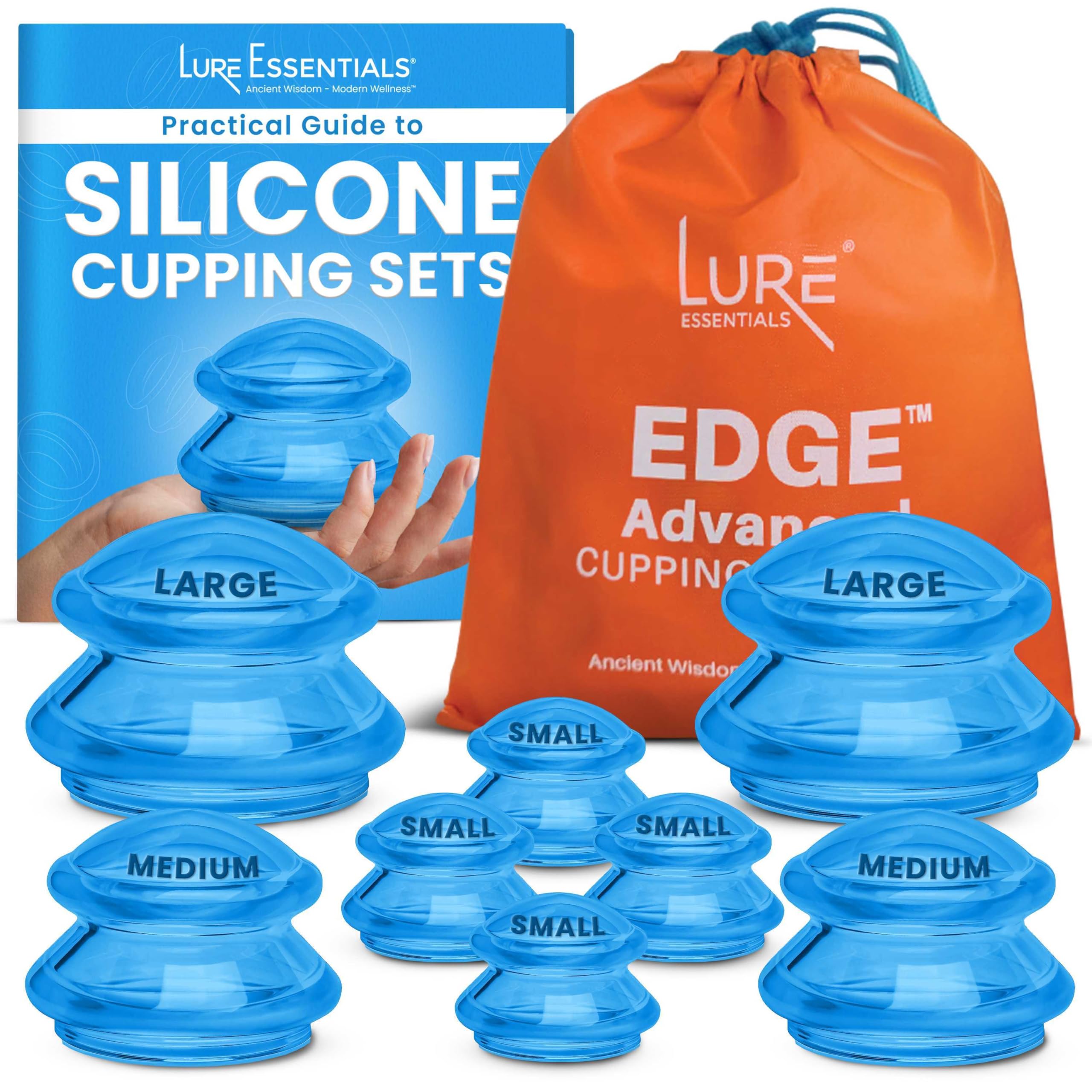 Lure Essentials Cupping Therapy Set - The Most Recommended Massage System for Muscle Soreness, Pain Relief, Injury Recovery, Toning & Cellulite Professional Medical Grade 4 Cups, Blue