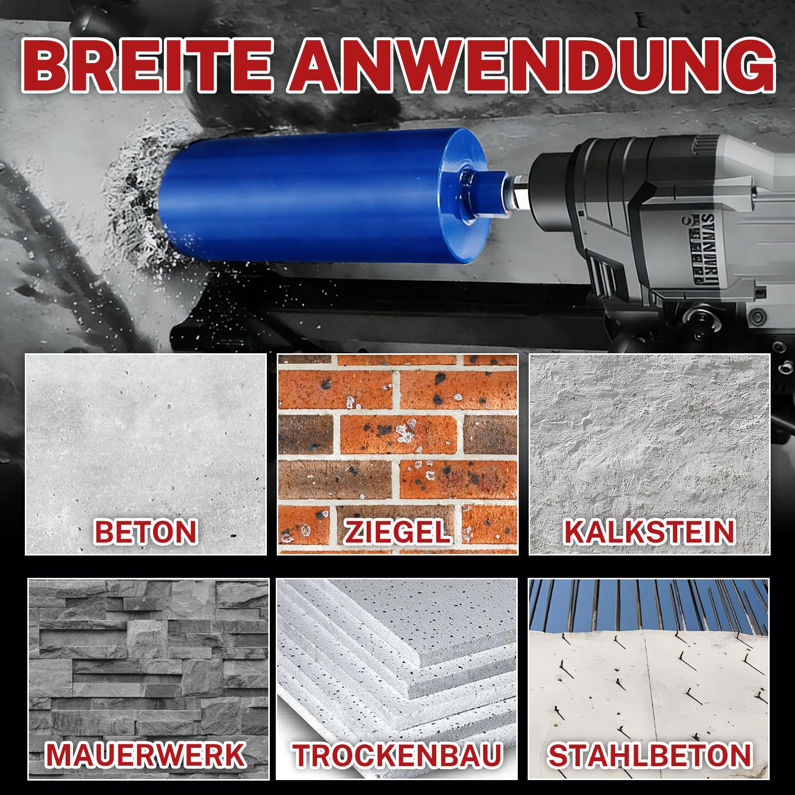 51 mm Kernbohrer – 410 mm Schnitttiefe, 1‑1/4 Zoll – Nassbohren Diamantbohrkrone für Stahlbeton, Mauerwerk, Naturstein, Ziegel (460 mm Gesamtlänge)