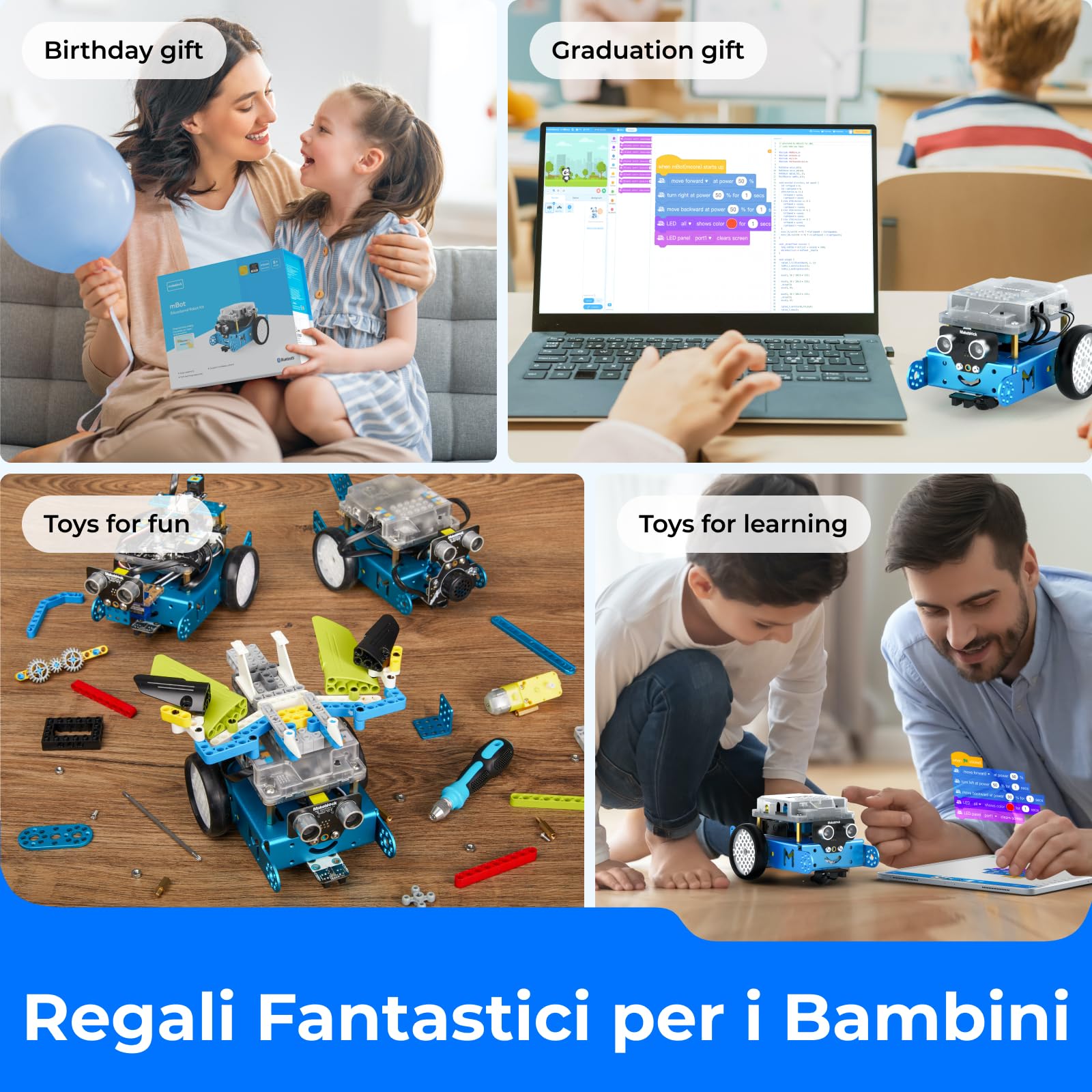 Makeblock mBot Robot Programmabile, STEM Giocattolo Compatibile con Programmazione Scratch / Arduino, Regali per Bambini Fonction Rileva Ostacoli, Segui linea, Robot di Codifica Robotico Kit - Blu