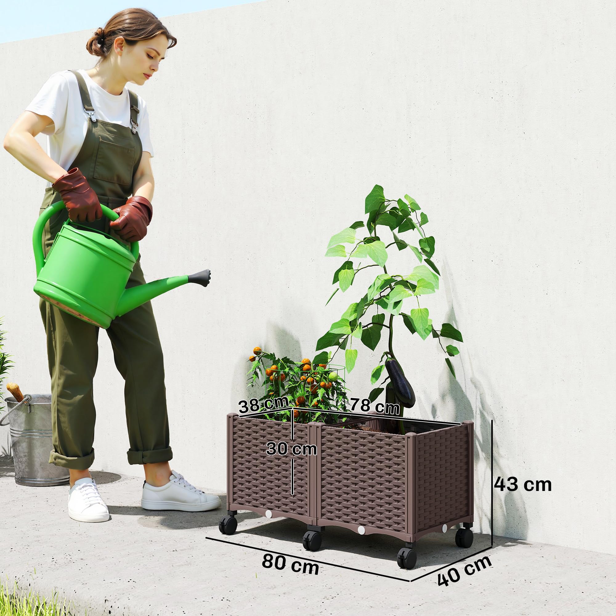 Outsunny Fioriera Rialzata in Plastica 85L, Letto per Orto Rialzato da Esterno con Ruote Bloccabili, Sistema di Autoirrigazione, Fori di Drenaggio, per Piante Rampicanti, Verdure e Fiori, Marrone