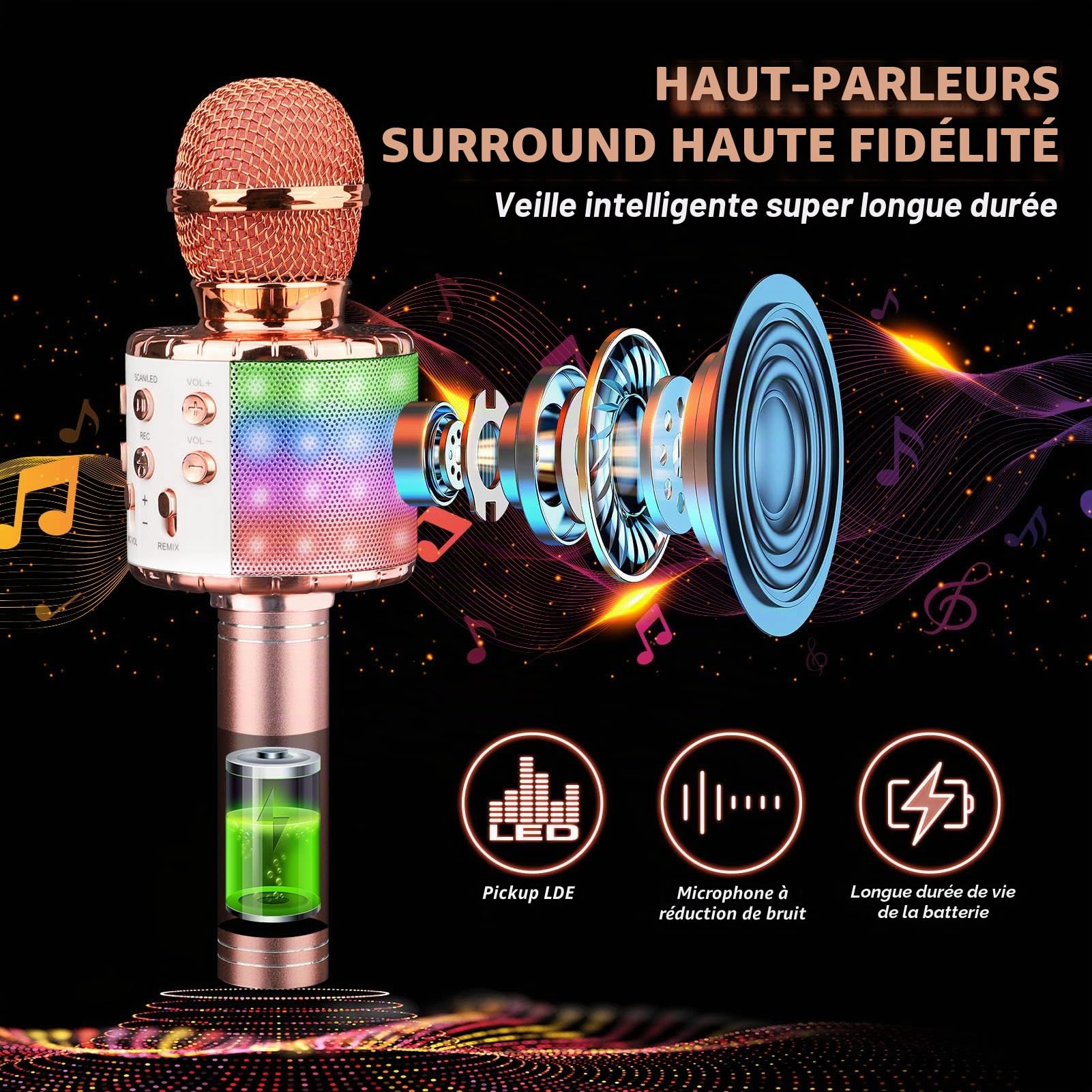 ShinePick Microphone Karaoke sans Fil, Micro Karaoké Bluetooth Portable avec LED Lumière Disco pour Enfants/Adultes Chanter, Compatible avec Android/iOS/PC/Smartphone (Or Rose)