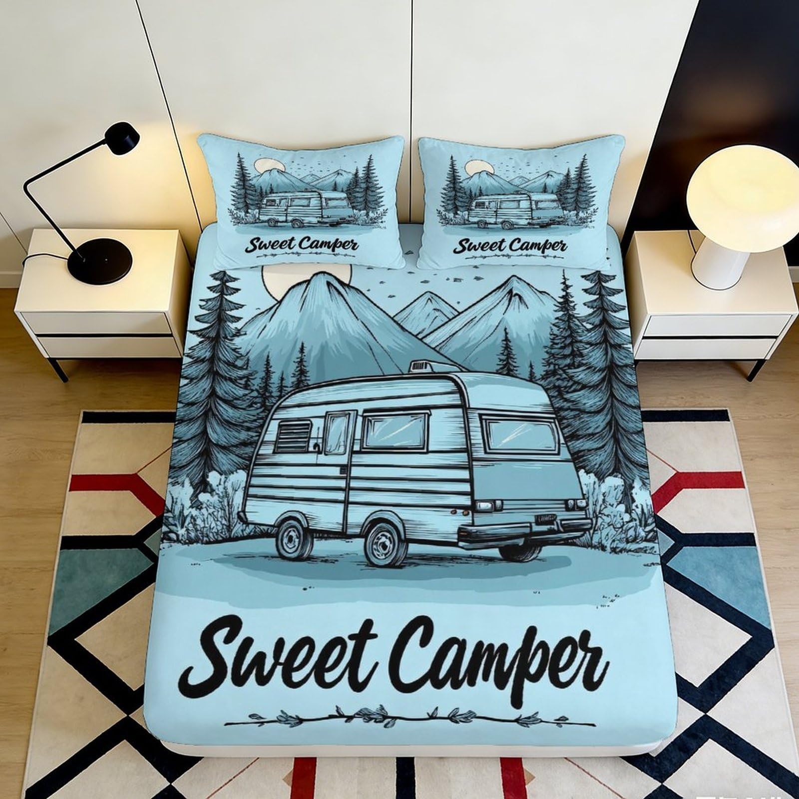 3D Printed Camper Mountain Fitted Sheet Microfiber Non-slip Mattress Cover Forest Scenic Bed Decor for Bedroom Guest Room 140x200x25cm