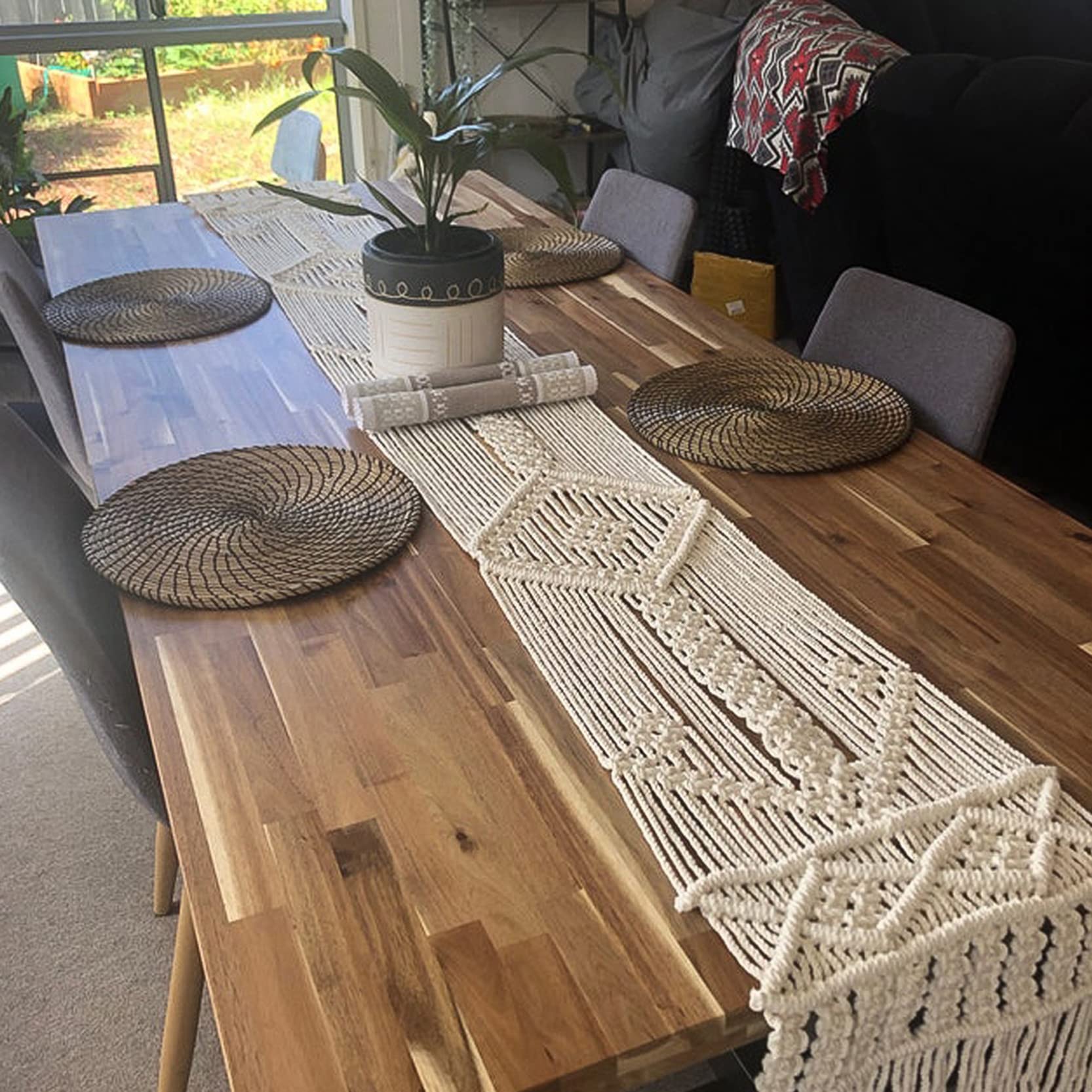 Chemin de Table en macramé Chemin de Table en Corde de Coton Naturel bohème tissé à la Main Couverture de Table/Nappe pour décor de Table de Ferme de Mariage Rustique,Beige-35x300cm