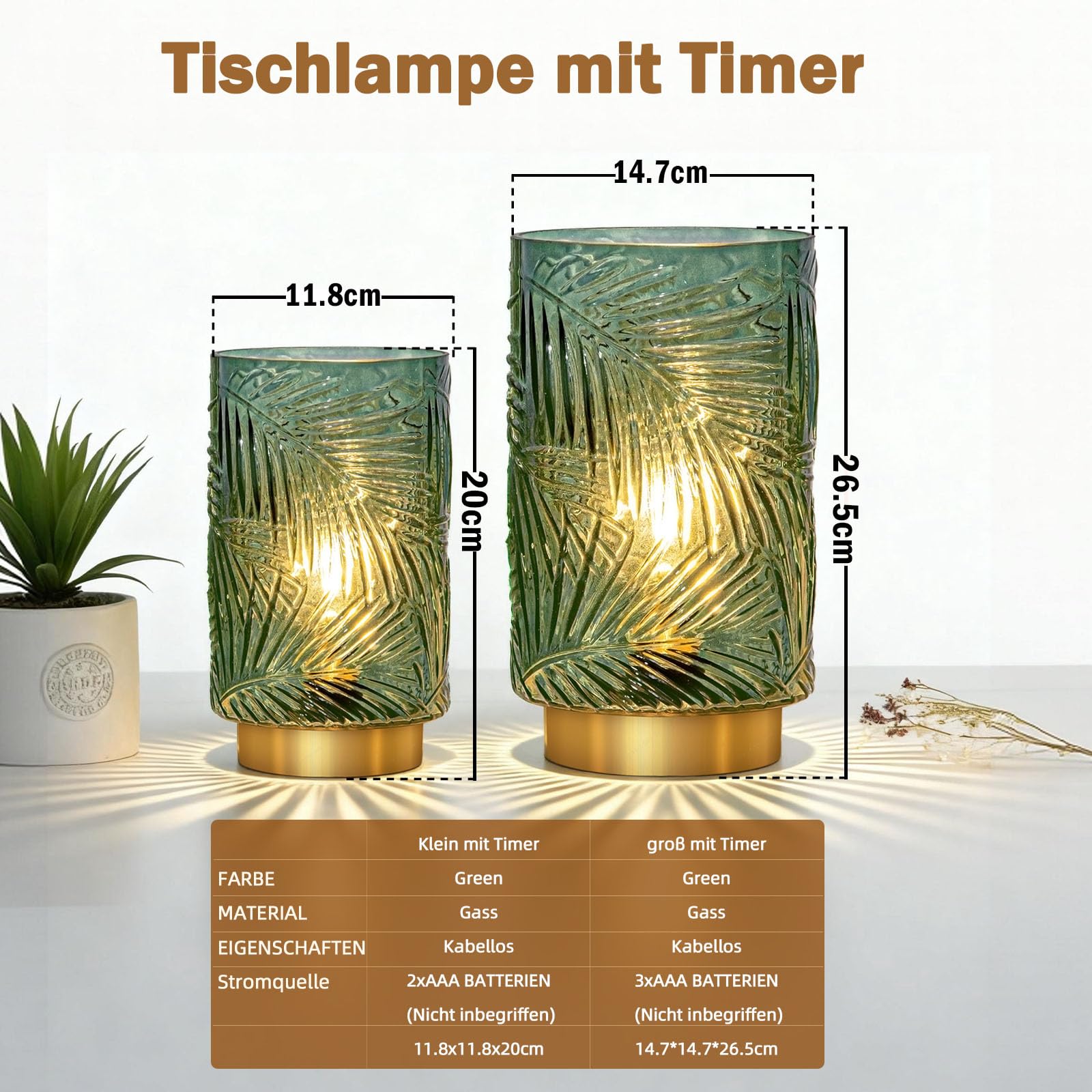 MJ PREMIER Lámpara de mesa inalámbrica, lámpara de mesa móvil de cristal con función de temporizador, lámpara de cristal sin cable para dormitorio, sala de estar (L-verde)