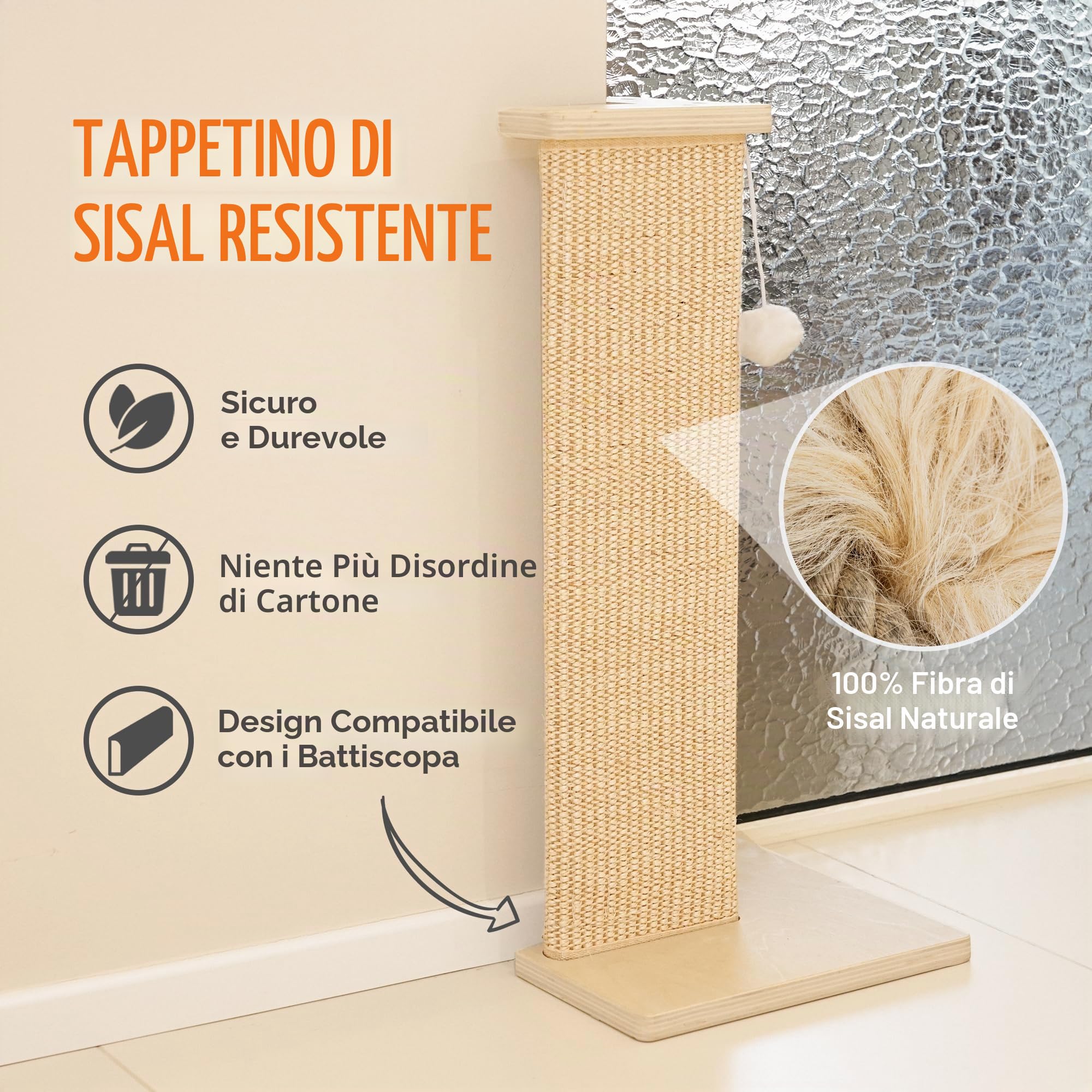 PETKARAY Tiragraffi angolare per gatti, altezza 71 cm, in sisal, per divano e parete, tappetino antigraffio in sisal, protezione per mobili con palla da gioco, misura grande