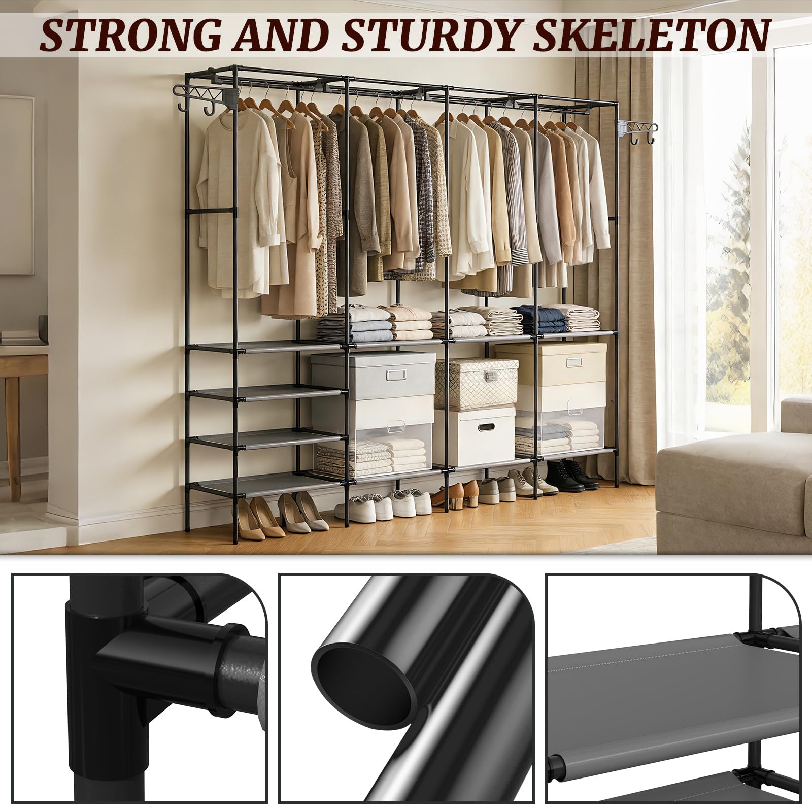 Soontrans Penderie Vetement Grande Capacité, Penderie avec 10 Étagères et 2 Crochets, Armoire Ouverte à la Fois Démontable et Robuste, pour Chambre, Salon et Dressing, 215×36×171 CM, Noir
