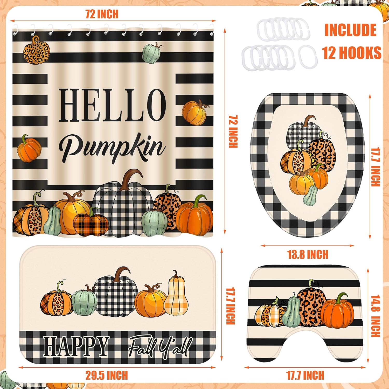 Preboun 4 Pcs Thanksgiving Shower Curtain Set 72" Fall Bathroom Decor Set with 12 Hooks Non Slip Rug Toilet Lid Cover and Waterproof Pumpkin Bath Mat Thanksgiving Autumn Harvest Home Restroom Decor