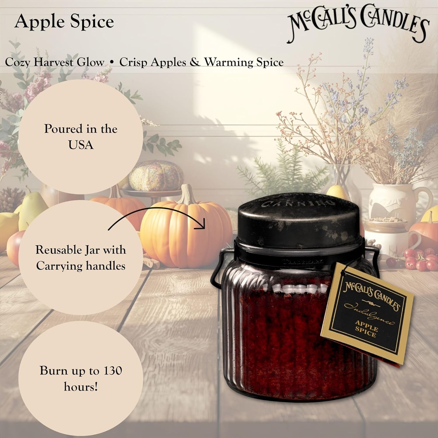 McCall’s Candles | Apple Spice | 18 oz Scented Candle | Indulgence Collection | USA-Poured | Double Wick | Grooved Jar with Carrying Handle | Warm Red Apple, Cinnamon & Spice Fragrance