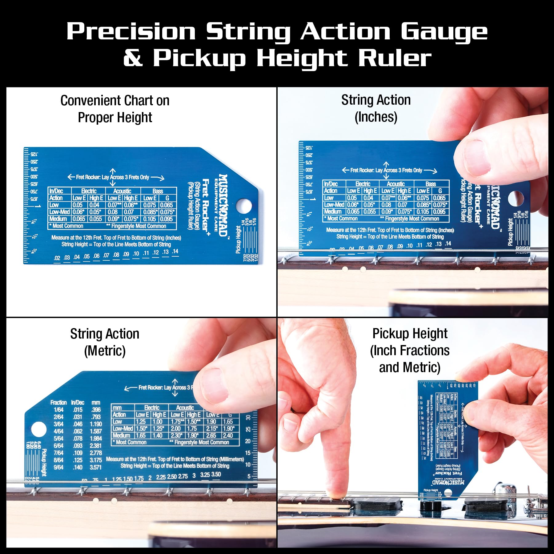 MusicNomad Precision Fret Rocker+ con calibro di azione delle corde e righello altezza pickup (MN822)