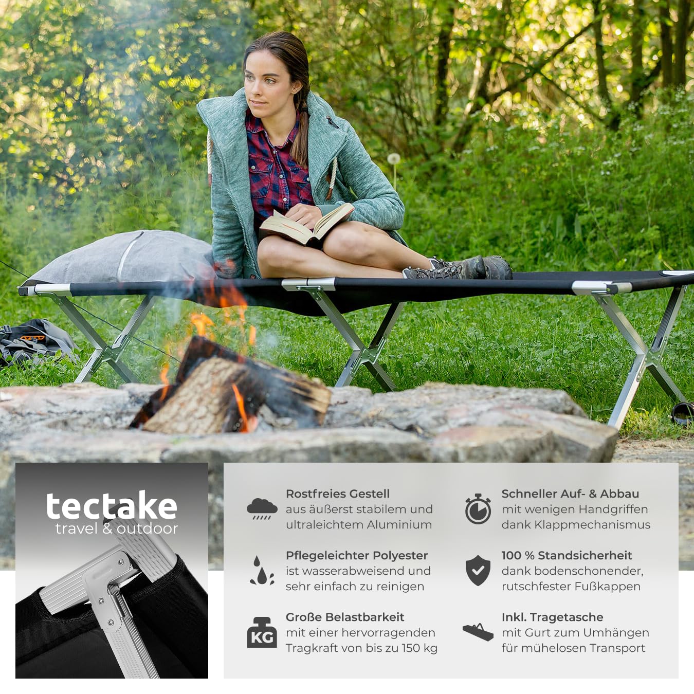 tectake® XL Alu Feldbett klappbar mit Transporttasche, Campingbett, Campingliege faltbar leicht, Camping Bett belastbar bis 150 kg, Zeltbett, Camping Bed, Feldbett, 190 x 70 x 45 cm - schwarz, 2er Set