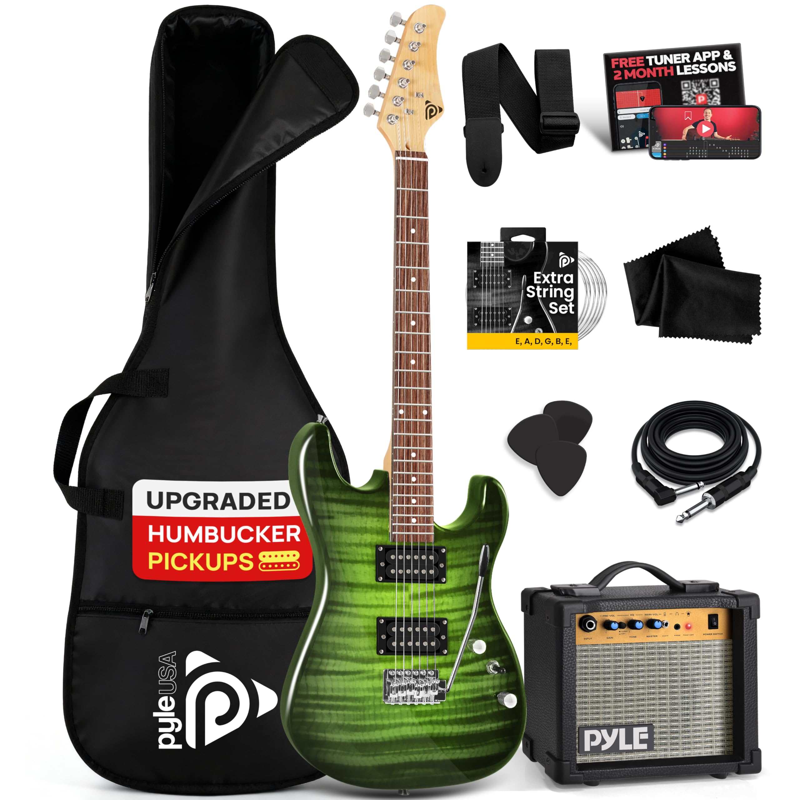 Pyle Electric Guitar Kit with Amp, Full Size Instrument with Humbucker Pickups, Guitarra Electrica Amplifier and Beginner Bundle Accessories, 39" Legacy Green