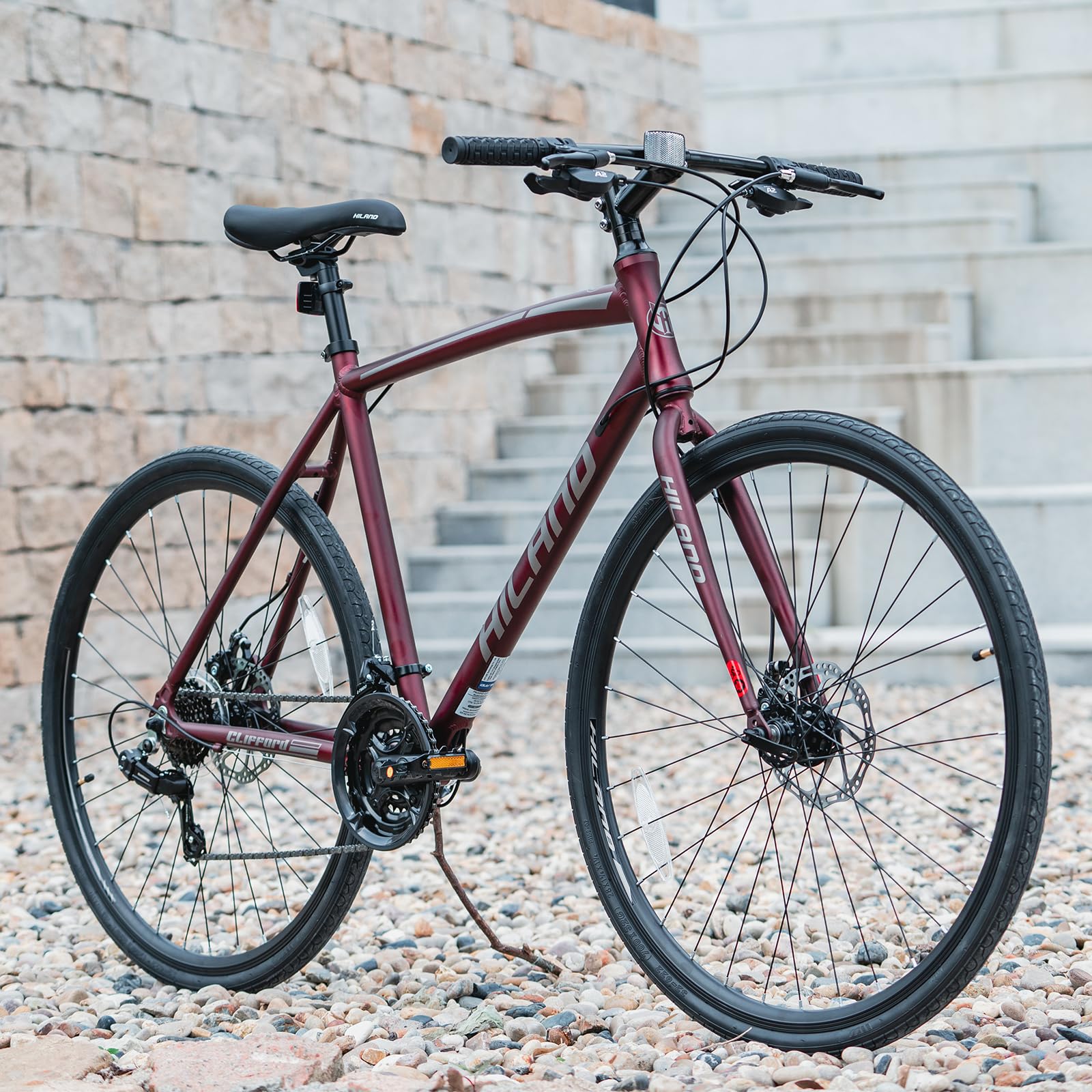 HILAND Bicicletta da corsa da 28 pollici,pendolare urbano con freno a disco per uomo,telaio da 530/570mm,comoda bici da corsa 700 C, ruote a 21 marce,Argento/Nero/Rosa