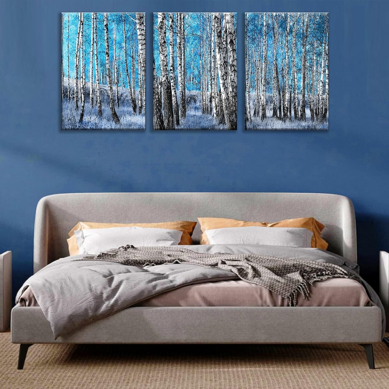3 Piece Canvas Wall Art for Living Room, White Birch Trees in Blue Forest Painting Artwork Picture for Bedroom Office Home Wall Decorations blue 16"x28"x3Pcs