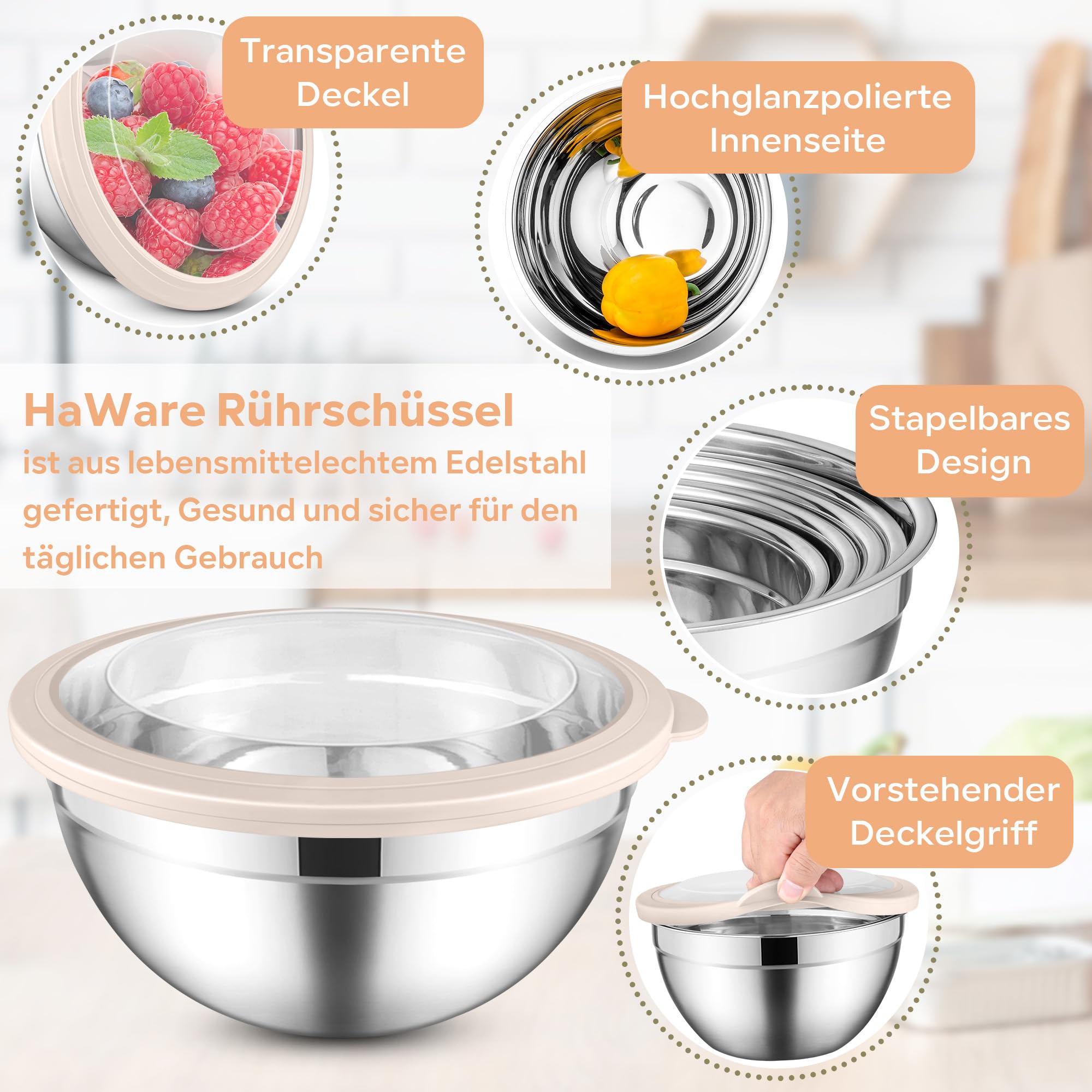HaWare Zestaw 5 misek do mieszania ze stali nierdzewnej, z przezroczystymi, hermetycznymi pokrywkami i 3 nakładkami do tarcia do gotowania, pieczenia, 4,5 l/2,8 l, 1,5 l/1,2 l/0,7 l, możliwość mycia w