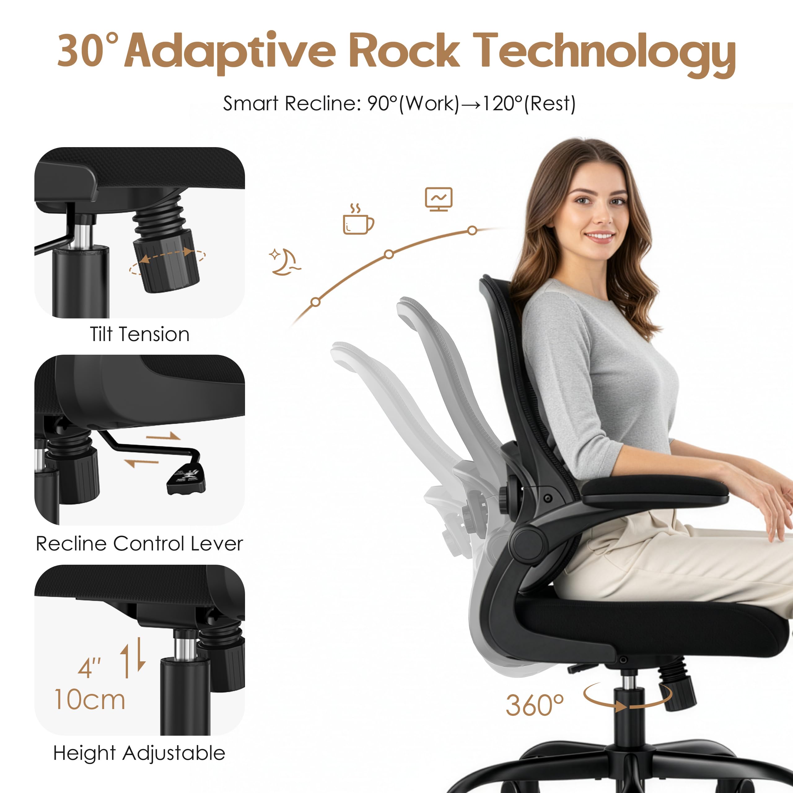 Farini Sedia da ufficio ergonomica in rete, braccioli pieghevoli, supporto lombare regolabile, girevole a 360°, ruote, per casa e scrivania, nera