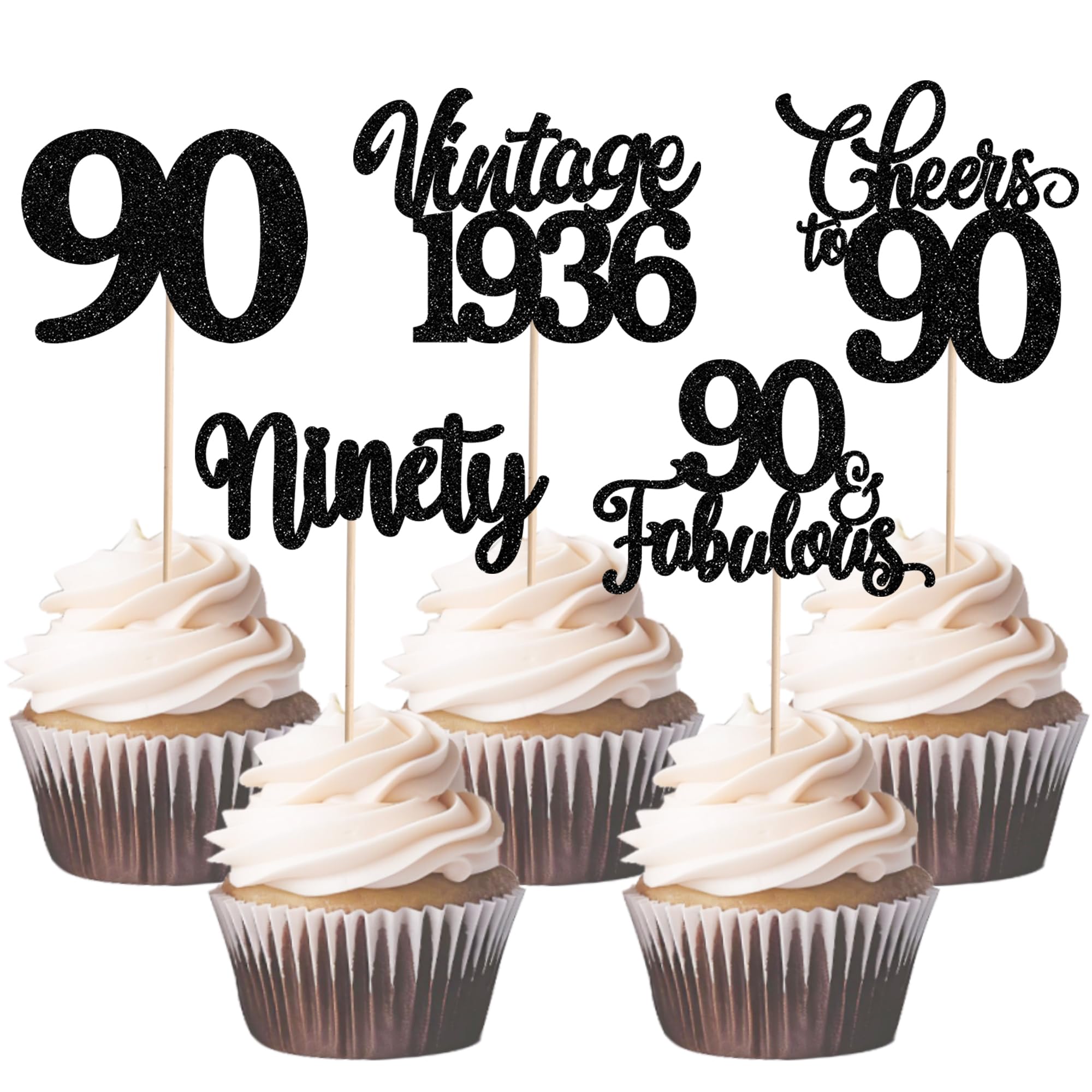 SYKYCTCY 30 Pack Happy 90th Birthday Cupcake Toppers Glitter Ninety 90 Fabulous Vintage 1936 Cupcake Picks for 90th Birthday Anniversary Retirement Party Cake Decorations Supplies Black โ image 1