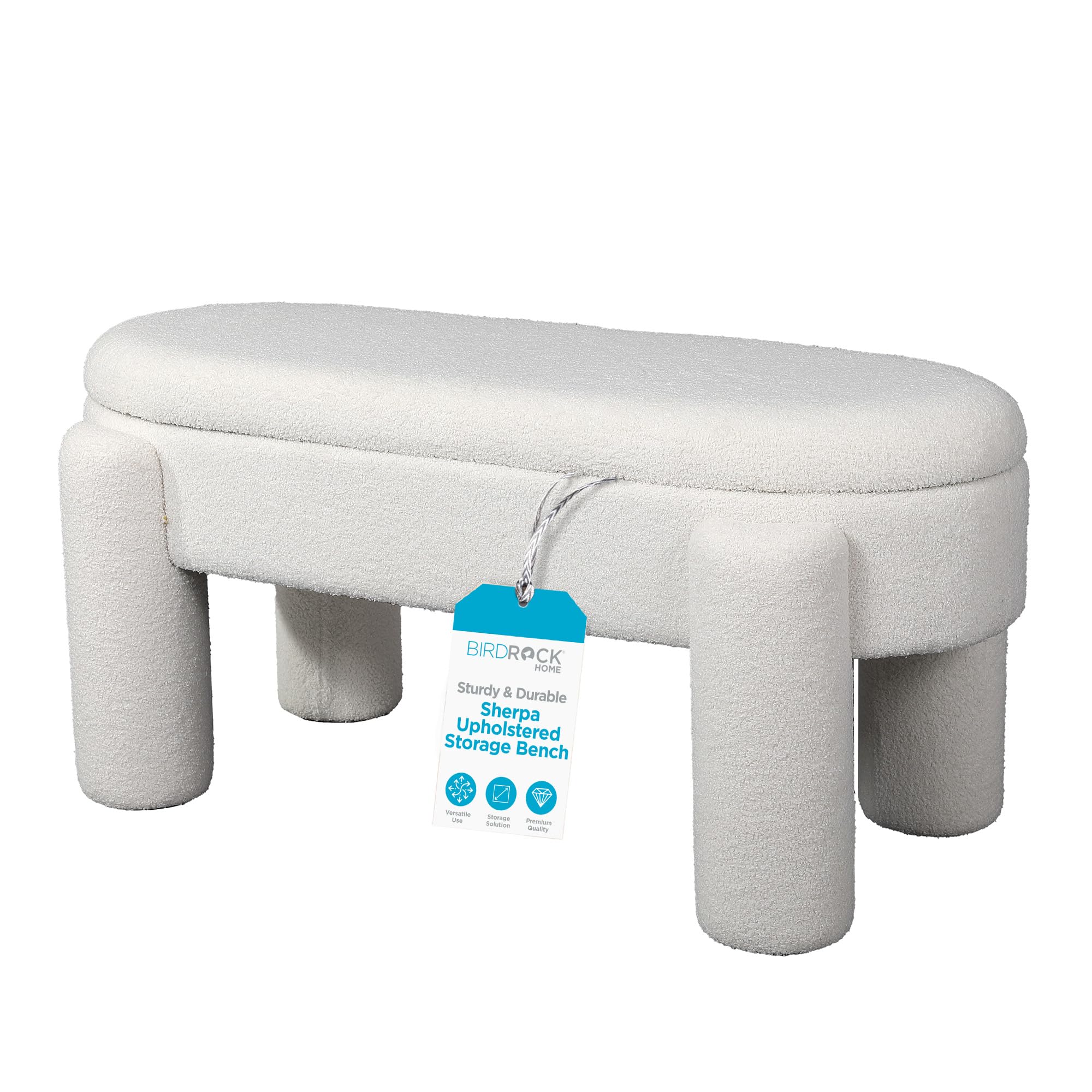 BIRDROCK HOME Sherpa Upholstered Storage Bench | Cozy Seat with Soft Sherpa Cushion, Versatile for Living Room, Bedroom, or Entryway Ottoman | Sturdy