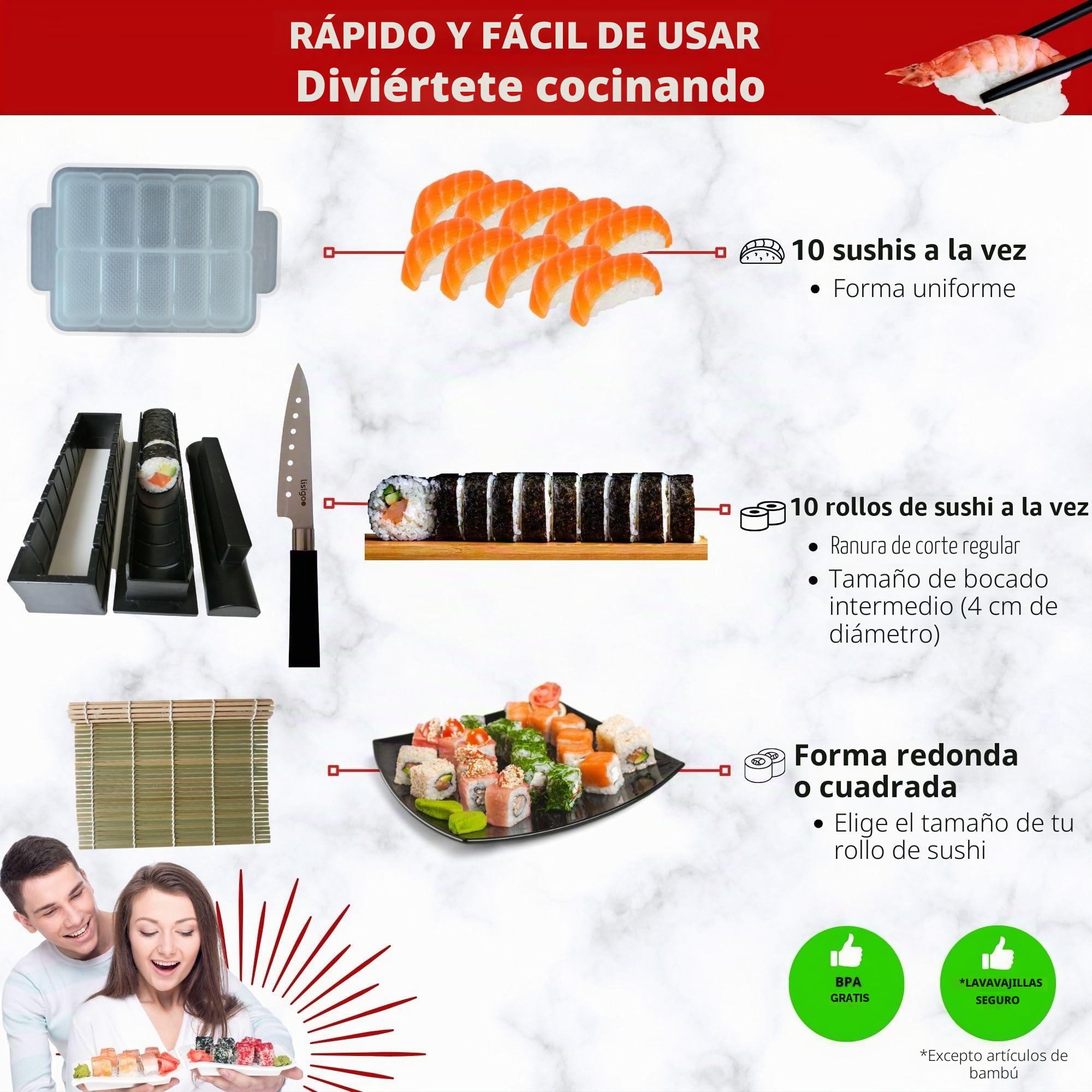 Kit de sushi maki maker completo – Aparato para hacer sushi makis – Estuche con alfombrilla de bambú, cuchillo japonés, varillas, molde de sushi, sin BPA, idea de regalo para hombre y mujer