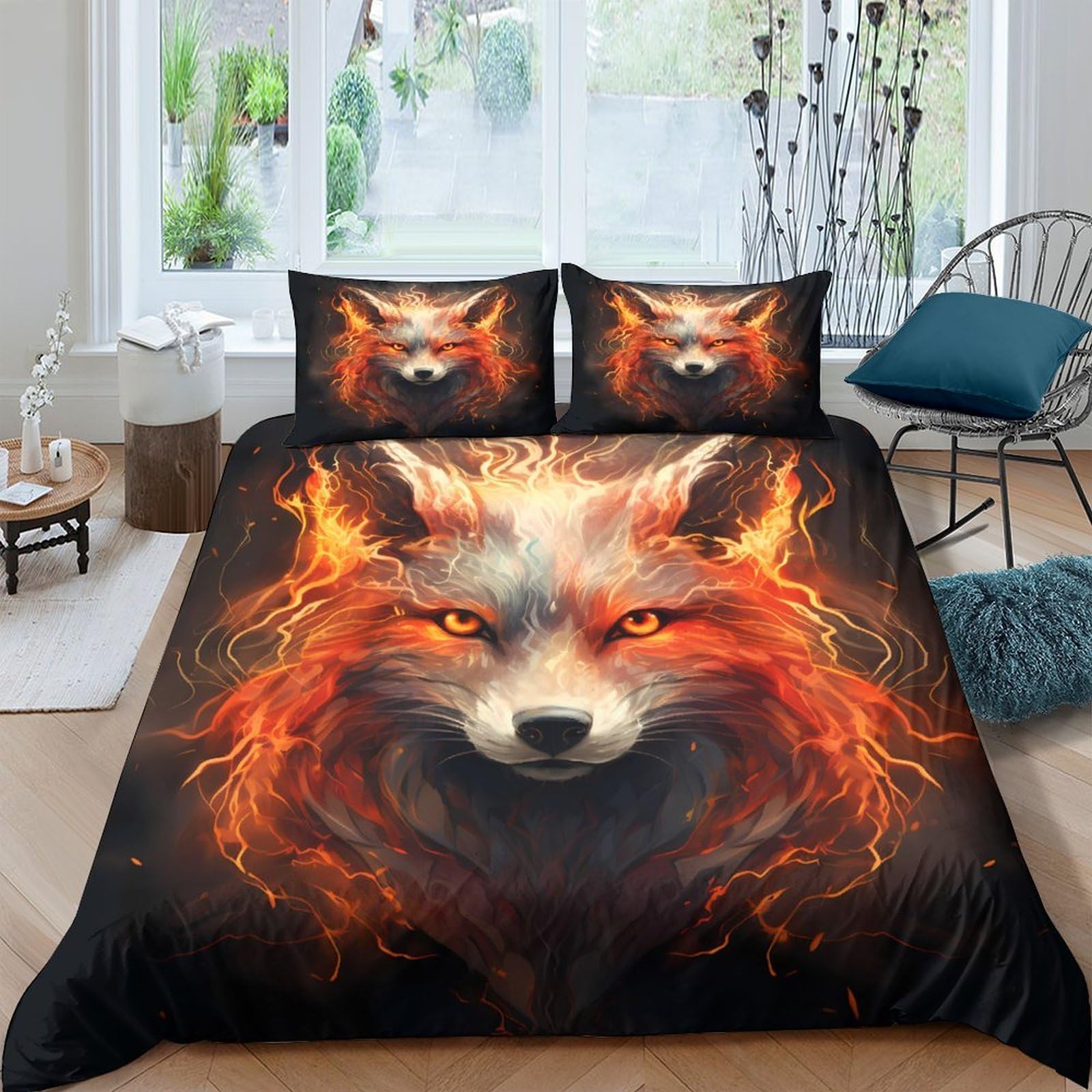 Ctjqhvkz Style-2 3D Printed Fiery Fox Fitted Sheet Microfiber Soft Orange Black Mattress Cover Bedroom Decor Dustproof Washable Single（135X200cm）