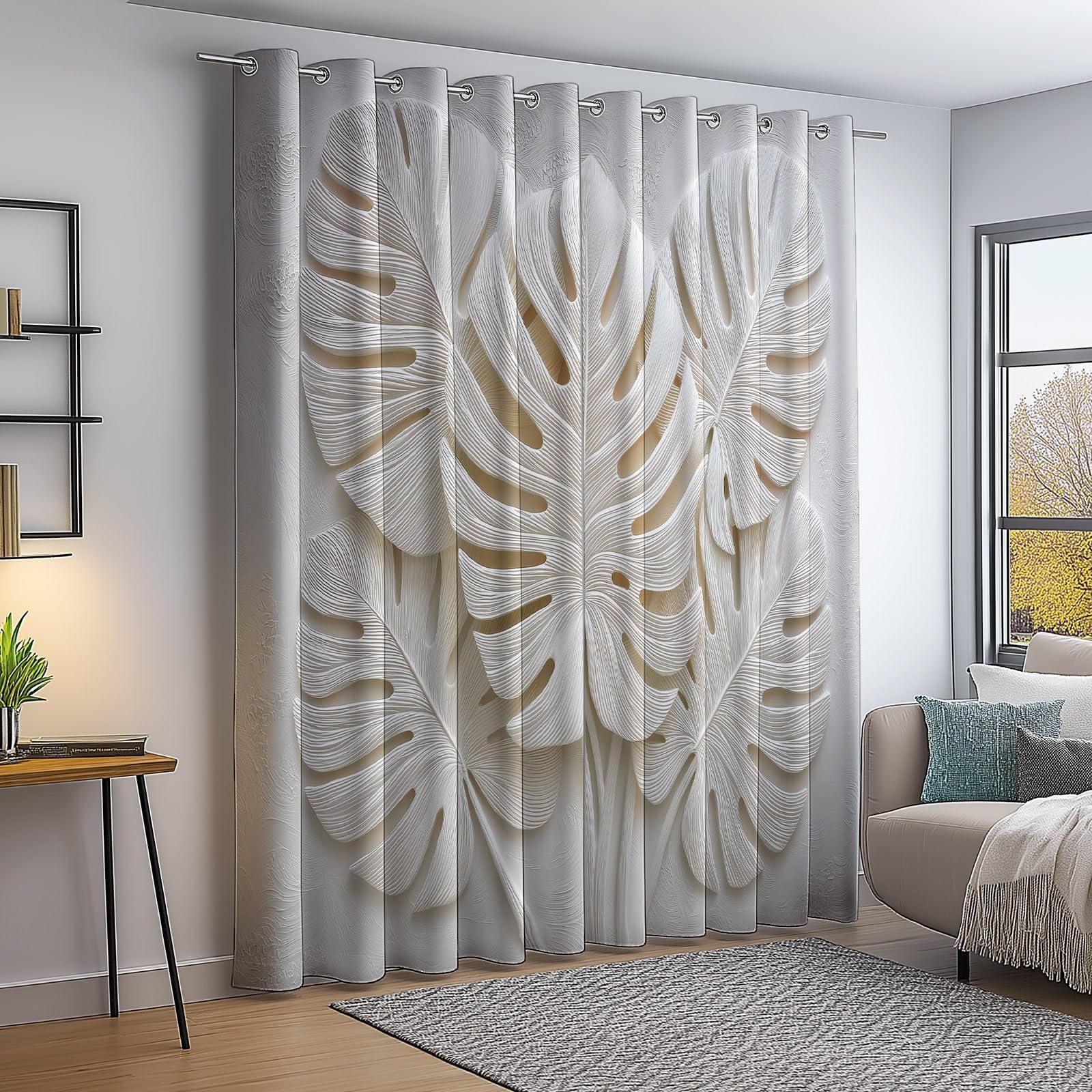 140 x 245 cm (2 paneles) cortina opaca Plantas Hojas de Monstera Textura Cortinas térmicas aislantes Anti UV, blanco opaco, decoración para el hogar, salón, dormitorio, ventana con ojales
