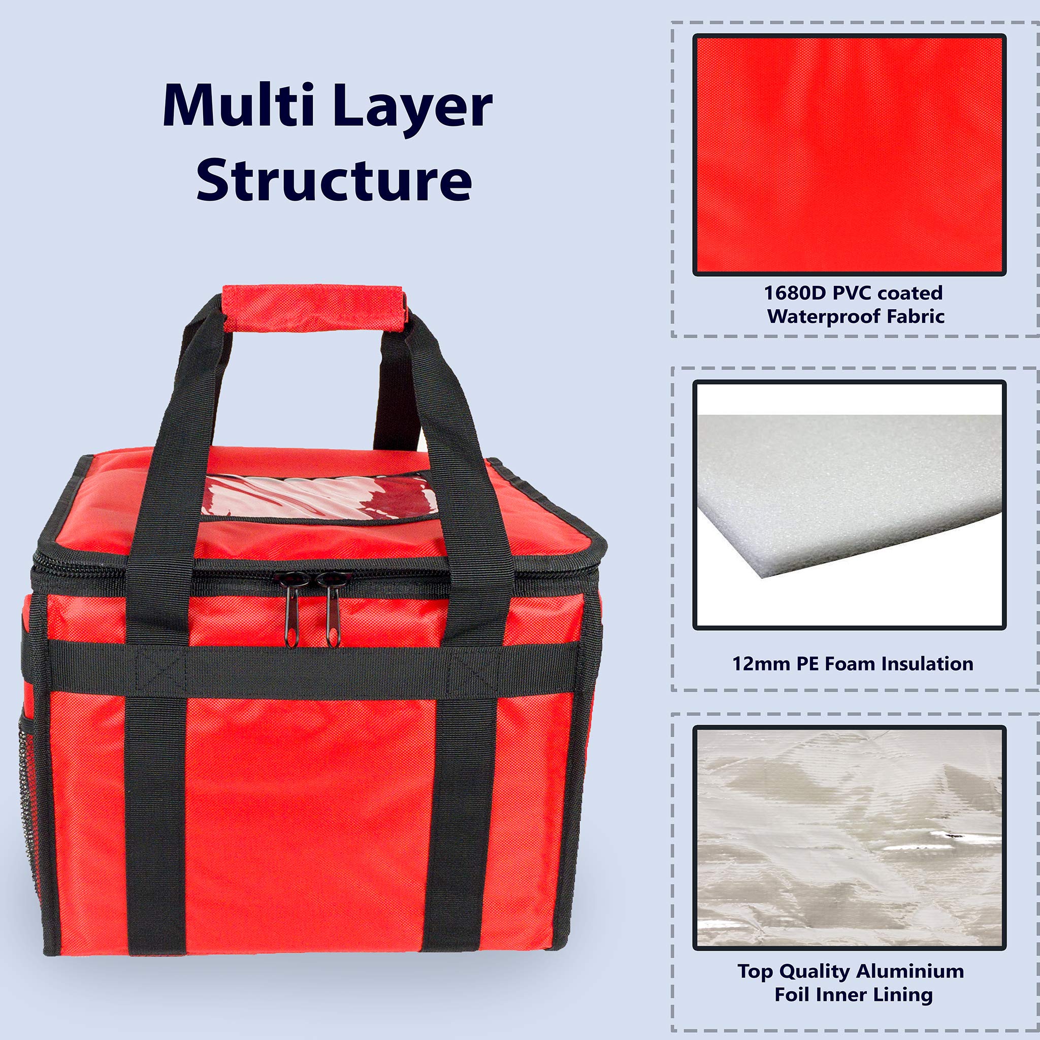 HFB70L Wärmespeichertasche für Pizza, Imbiss-Restaurant, Picknick, indisch, Chinesisch, Kebab, Catering, Liefertasche, thermisch isoliert, 45 x 45 x 35 cm, Rot
