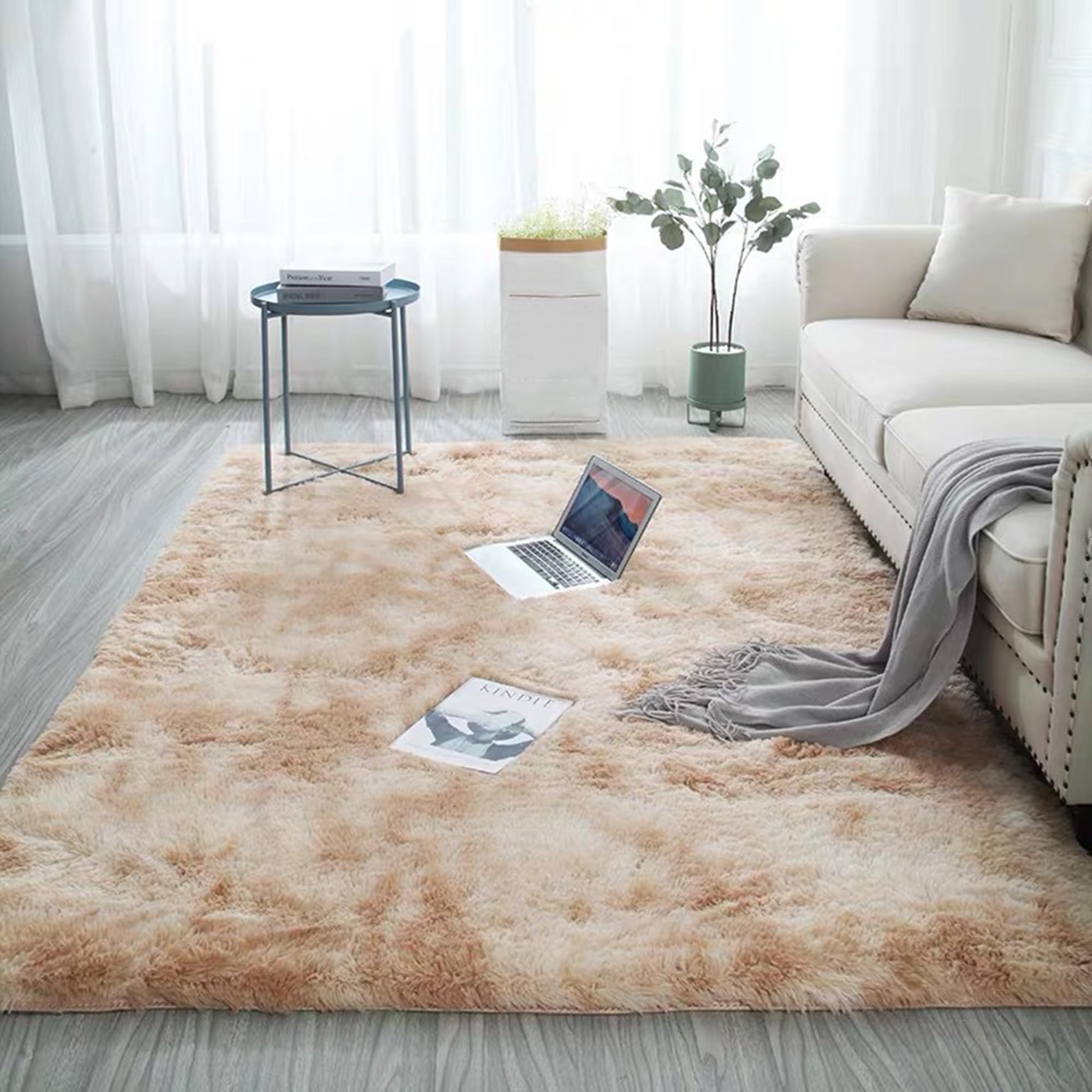 Tapis doux et moelleux pour salon, chambre à coucher, tapis de sol moderne à poils longs, lavable en machine, pour décoration d'intérieur (140 x 200 cm, camel)