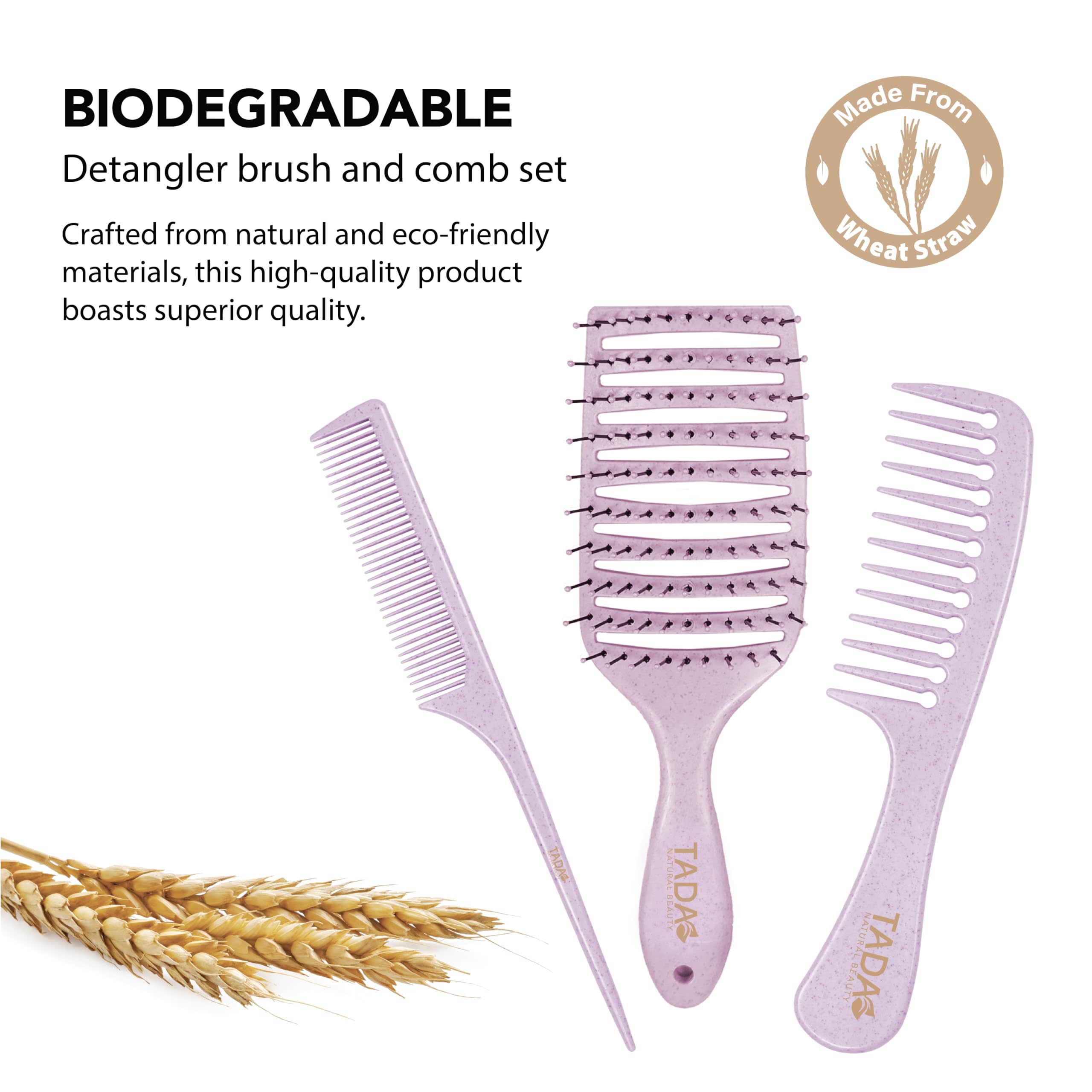 TADA - Juego de cepillo desenredante natural para todo tipo de cabello rizado, grueso, ondulado y fino, juego de cepillos para el cabello para mujeres, hombres y niños (3 unidades, lavanda)