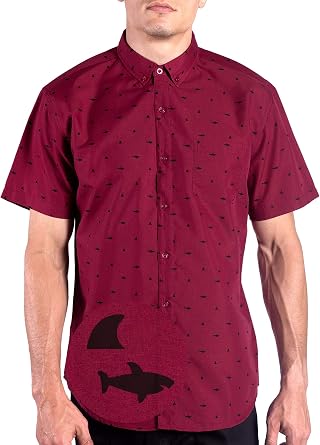 Visive Mens Short Sleeve Button Up or Button Down Shark Shirt Black Red Grey Charcoal Navy with Funny Shark Print Casual Collared Vacation Top Stretch Fabric Big & Tall Sizes