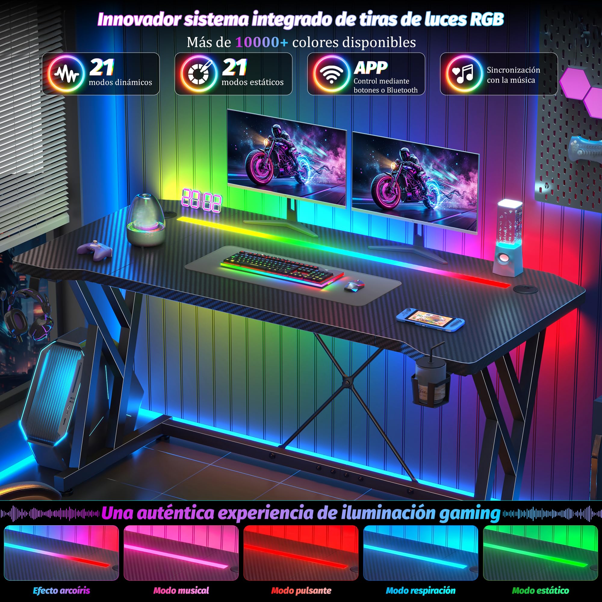 Escritorio Gaming LED 100 x 60 cm, Mesa de Ordenador con Banda RGB, Escritorio Gamer de Fibra de Carbono Ergonómicas, con Portavasos y Gancho para Auriculares, Negro