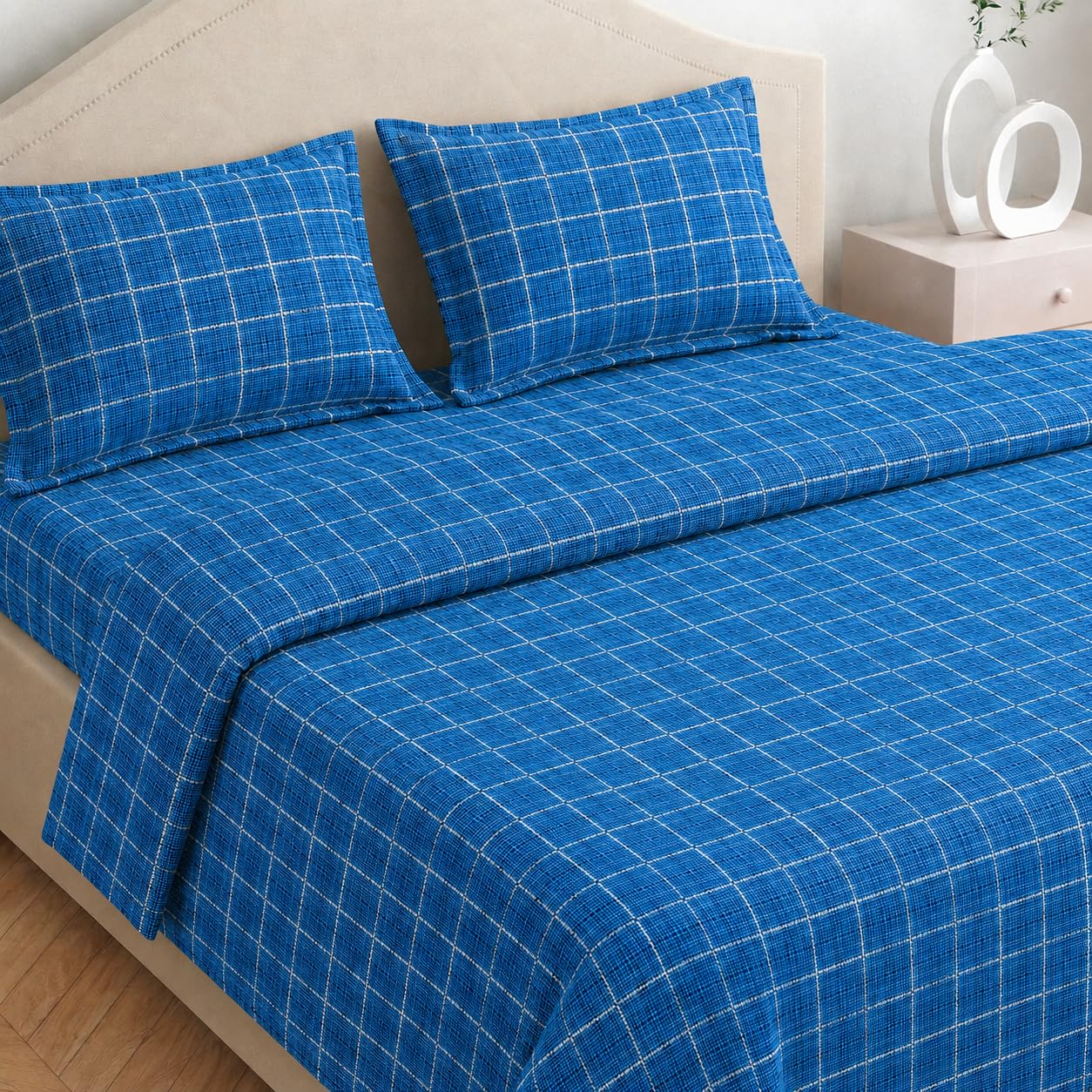 Pure Cotton Double Bedsheet, 200 TC Cotton 90 X 90 Handloom Bedsheet (Pack of 1), Royal Blue Grid Checkered Pattern, Lightweight Bedsheet, Without Pillow Covers (1, Dark Blue, Double)-image-10