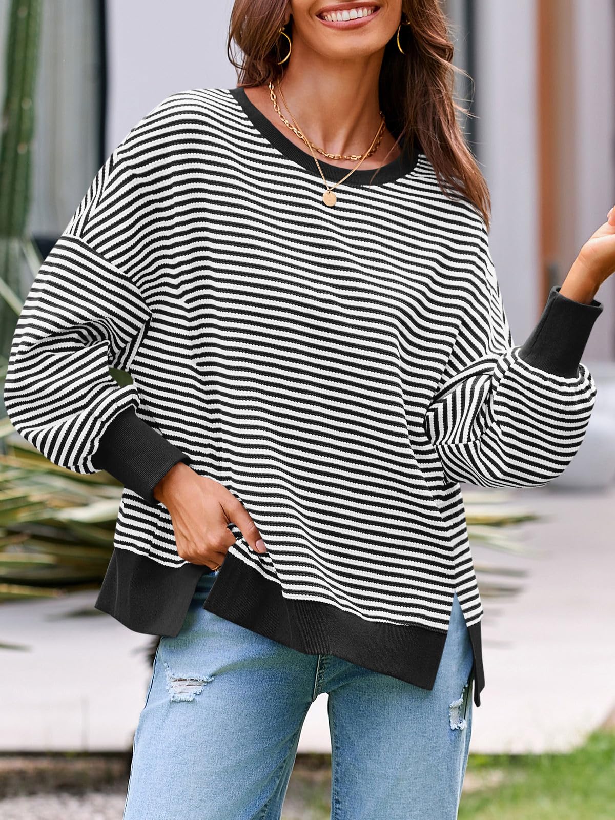 Sudadera de otoño de gran tamaño para mujer, informal, de punto gofre, manga larga, cuello redondo, dividida, túnica — view 5