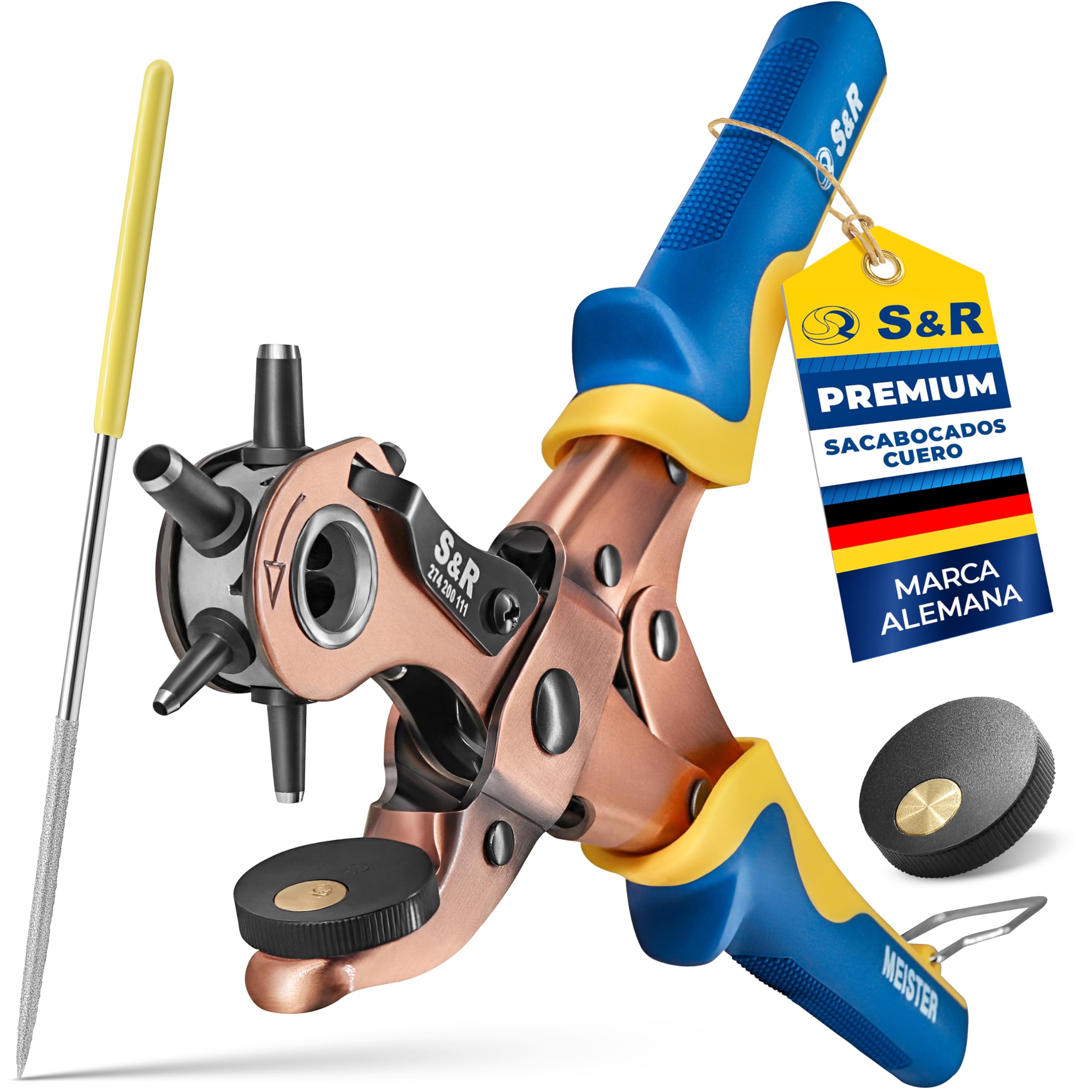 S&R Alicate Sacabocados Cuero Perforadora Agujeros Cuero y Cinturones - 6 Punzones de Golpes Rondondo: 2/2,5/3 / 3,5/4 / 4,5 mm