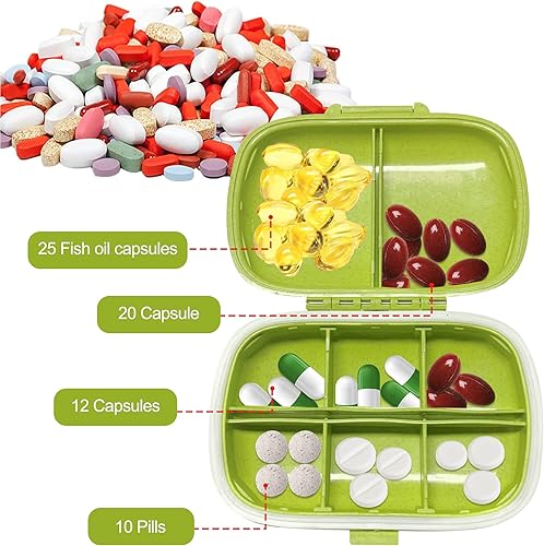 Miniatura 2 de Paquete de 2 pastilleros de viaje de 8 compartimentos para vitaminas, medicinas, aceite de pescadosuplementos (verde)