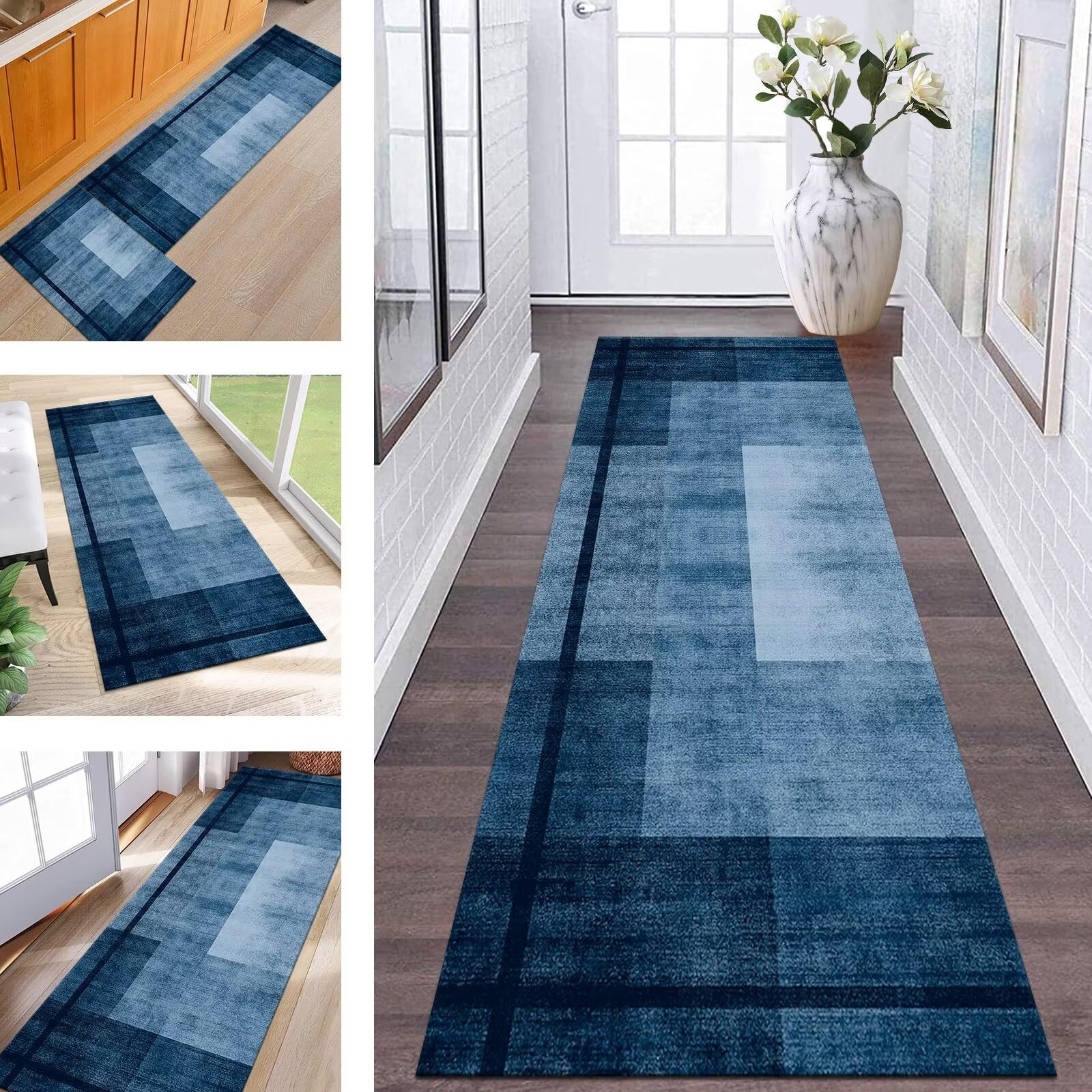 Alfombras de Pasillo Larga Alfombra Cocina Antideslizante Lavable Alfombras de Entrada Interiores Duradero 80X350CM Alfombras Corredor Azul Salón Dormitorio Baño del hogar Alfombrillas