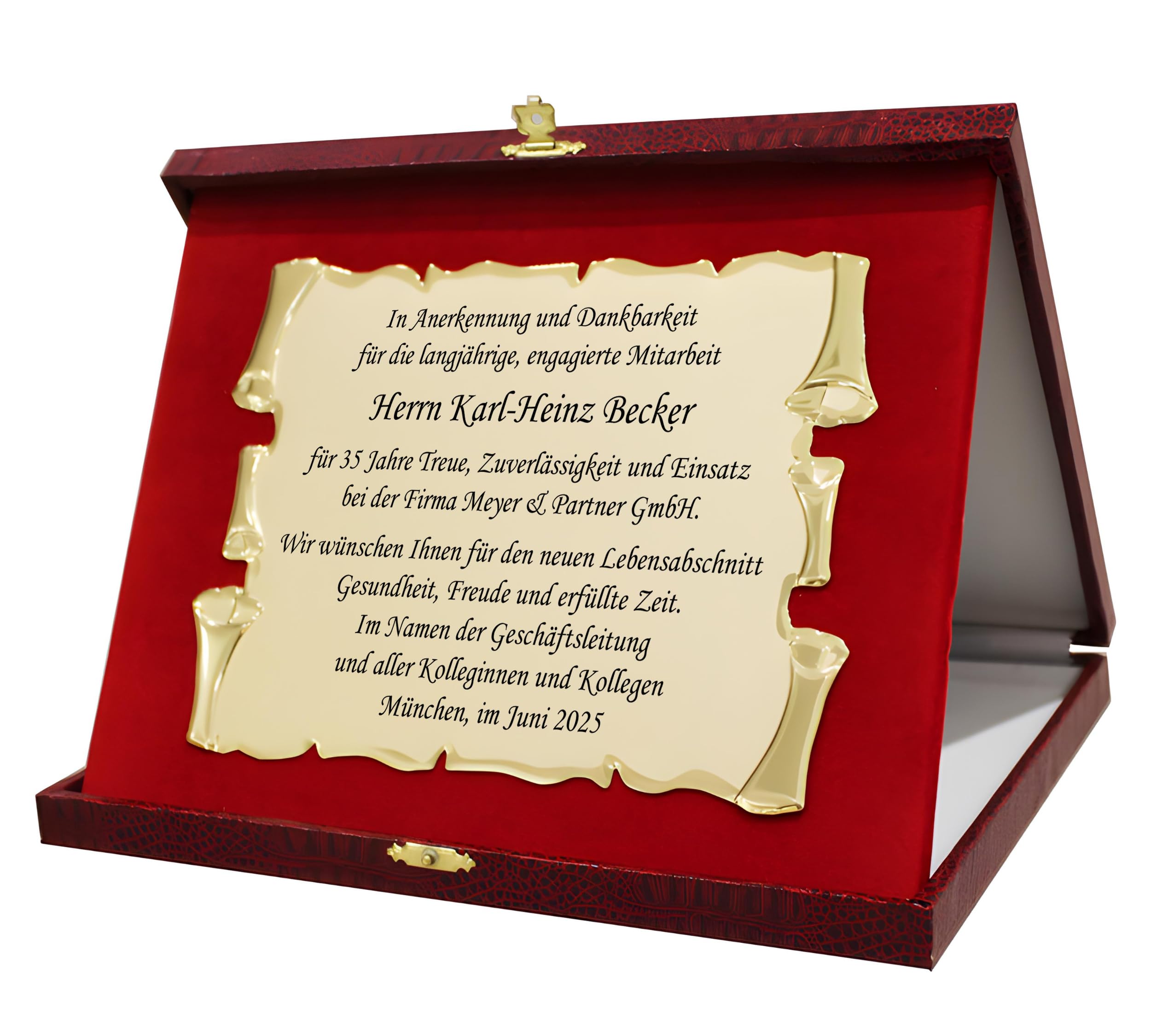 Personalisierbare Gedenktafel mit Text & Foto | Gold-Aluminium | Geschenkbox Bordeaux | Für Ruhestand, Abschluss, Hochzeit, Jubiläum, Ehrung | 20x15 cm