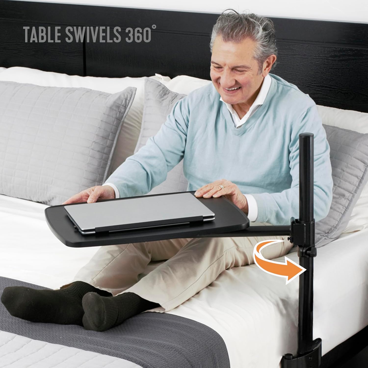 Adjustable Black Overbed Table with Swivel Tray