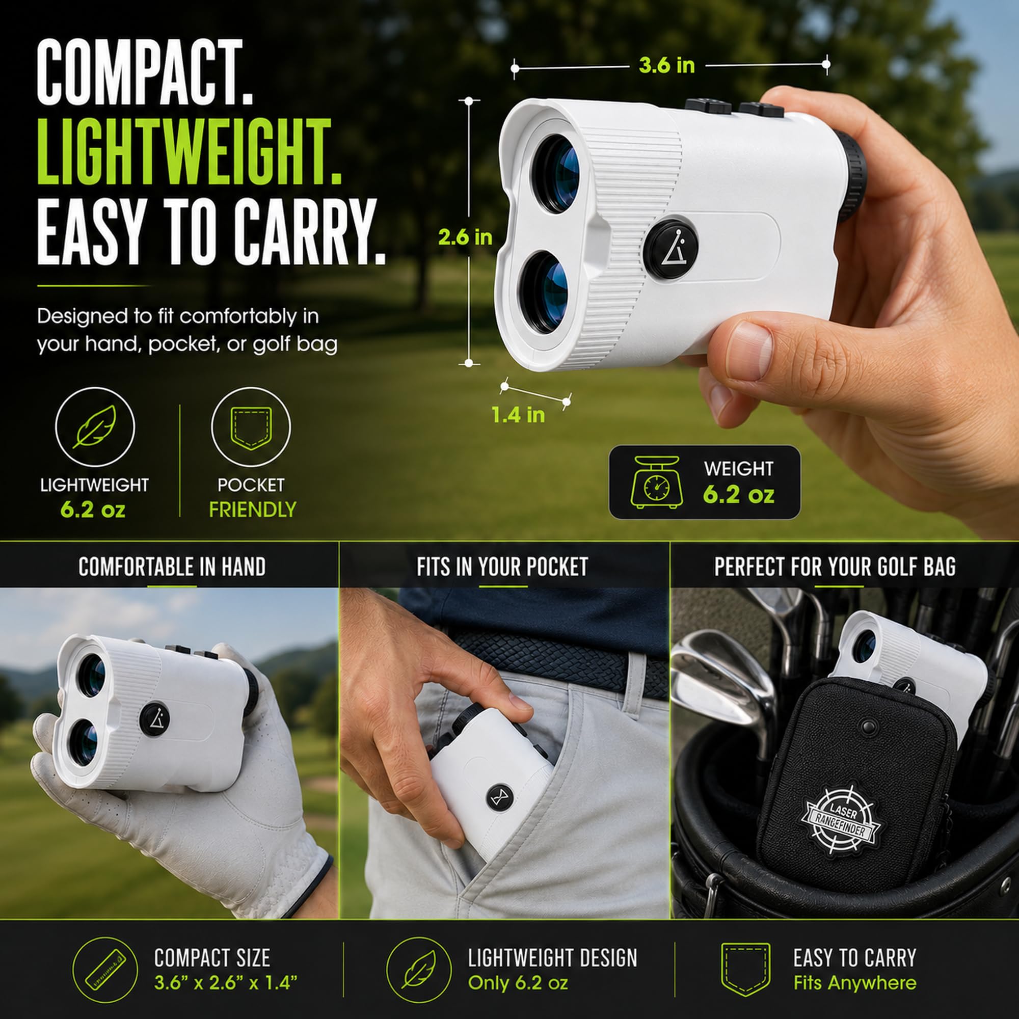 Lunai Télémètre de golf avec pente | Télémètre laser de classe 1 | Batterie rechargeable 600 mAh avec Type-C | Localisateur de mètres léger pour la pratique du golf et les tournois