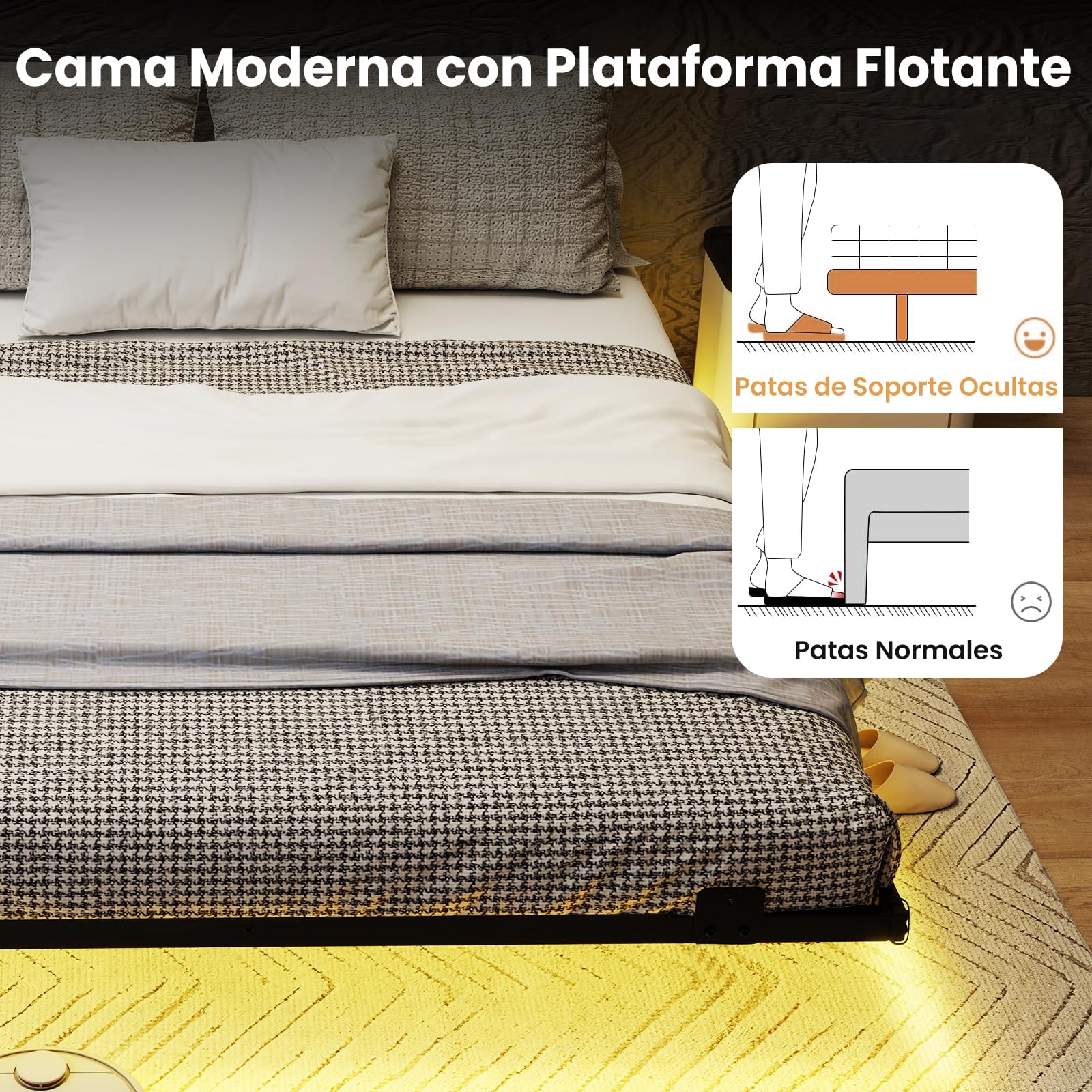 COSTWAY Estructura de Cama Flotante con Luces LED, Marco de Cama de Metal, Cama Plataforma Moderna con Tope Antideslizante para Colchón, Base de Láminas Resistentes (200 x 160 x 24 cm)
