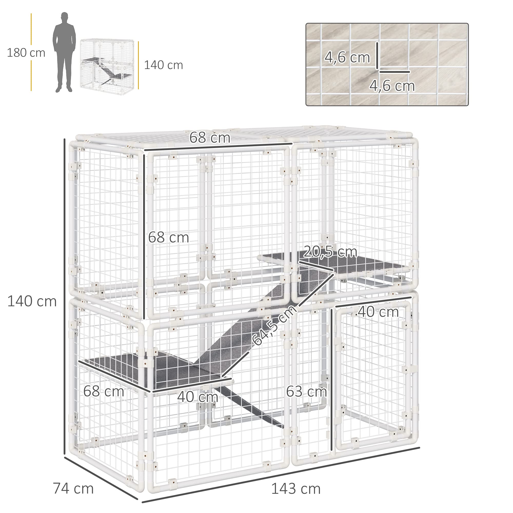 Pawhut Conejera Valla de Metal Corralito con Puerta Pestillo de 16 Paneles y Escalera para Gatos Cachorros Conejos DIY 68x68x2,5 cm Blanco