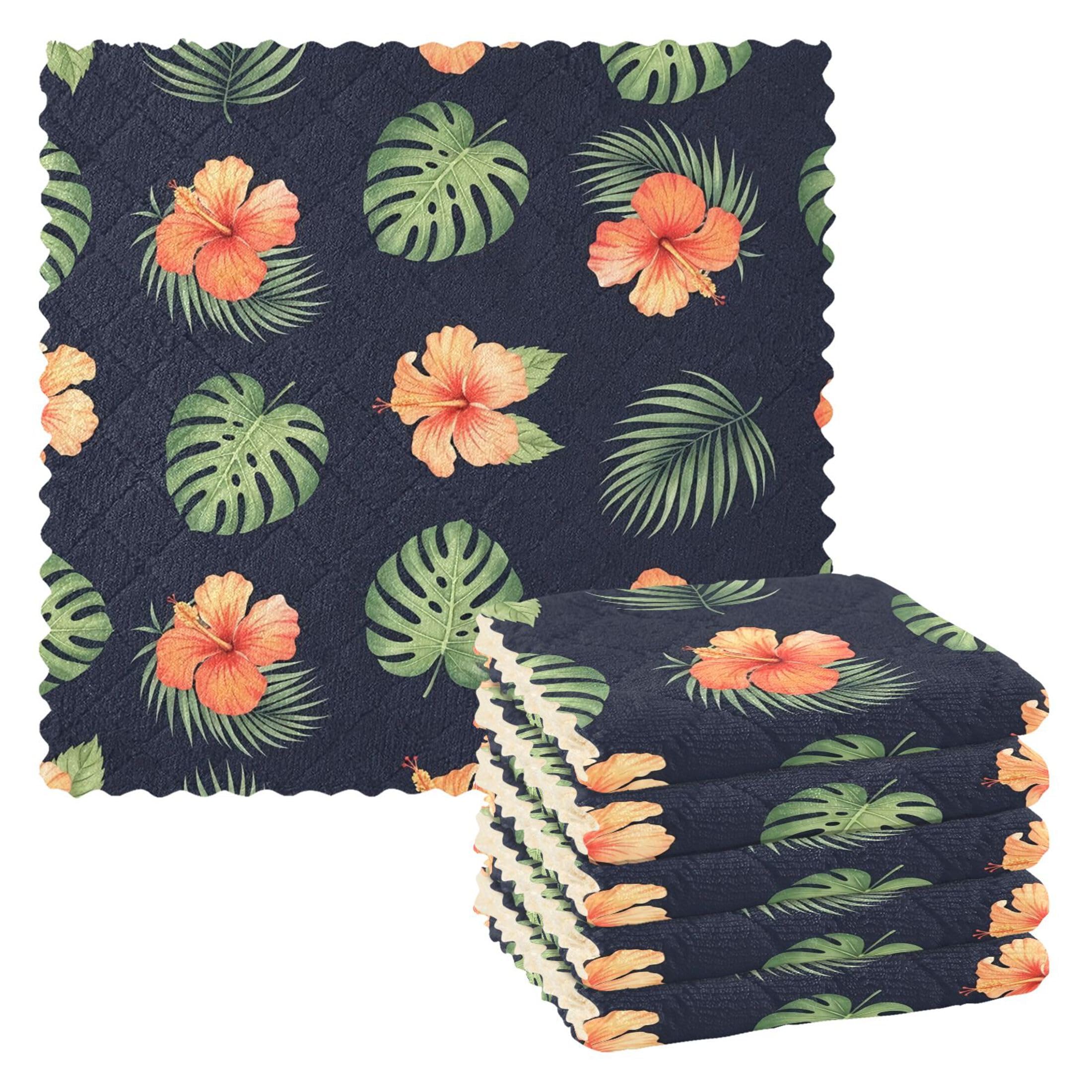 Fuauuyl Hibiscus Monstera Leaves Kitchen Dish Towel Set of 6, Soft Absorbent Washable Cleaning Cloths Dish Rags Tea Bar Drying Towels, 11x11 In