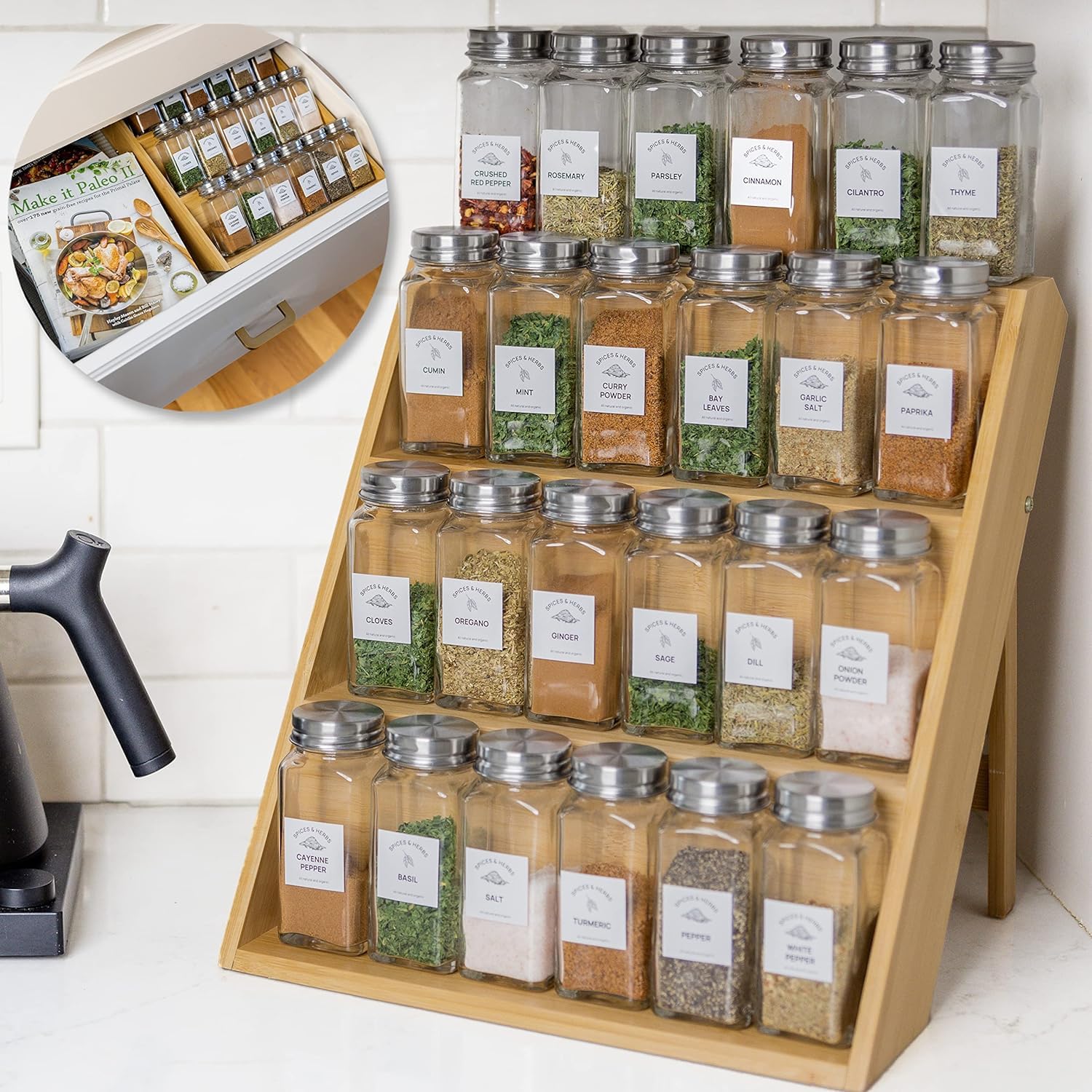 Trendy Trays Wooden Spice Rack Organizer for Kitchen Drawer, Cabinet, and Countertop - Premium Acacia Wood- 3 Tier Shelf & Anti-Slip Pads | No Bottle included (B0CYCV1NVZ) Amazon Price History, Amazon Price Tracker