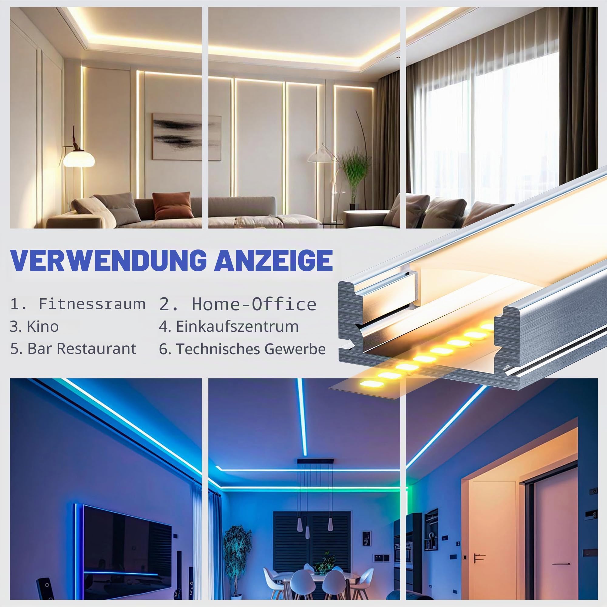 5 x LED Profil für Streifen 2 m (10 m), LED Schiene Aluminium für Trockenbau, geeignet für LED Stripes bis 12 mm Breite, Maße: 17.4 x 7 mm, Einbau für Fliesen, Gipskarton, Holzpaneele