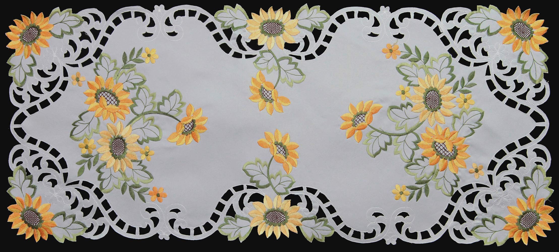 Creative LinensSunflower Table Runner 15x34 Embroidered Cutwork Dresser Scarf White